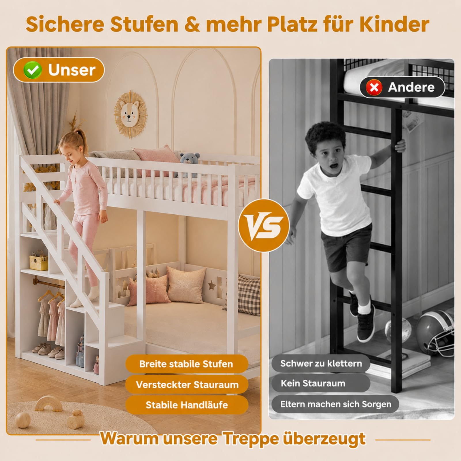 Hochbett 90x200 cm, Etagenbett mit Treppe und Rausfallschutz, Kinderbett mit Aufbewahrungsschrank, Funktionsbett Kinderhochbett Stockbett mit Lattenrost, Spielbett für Jungen Mädchen