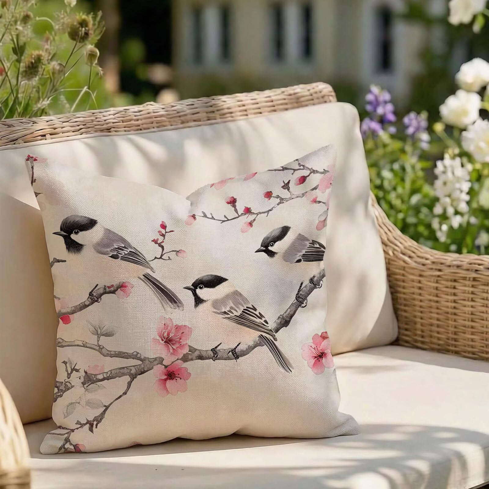 Coussin extérieur imperméable 80x80 cm en lin motif Japon pour balcon