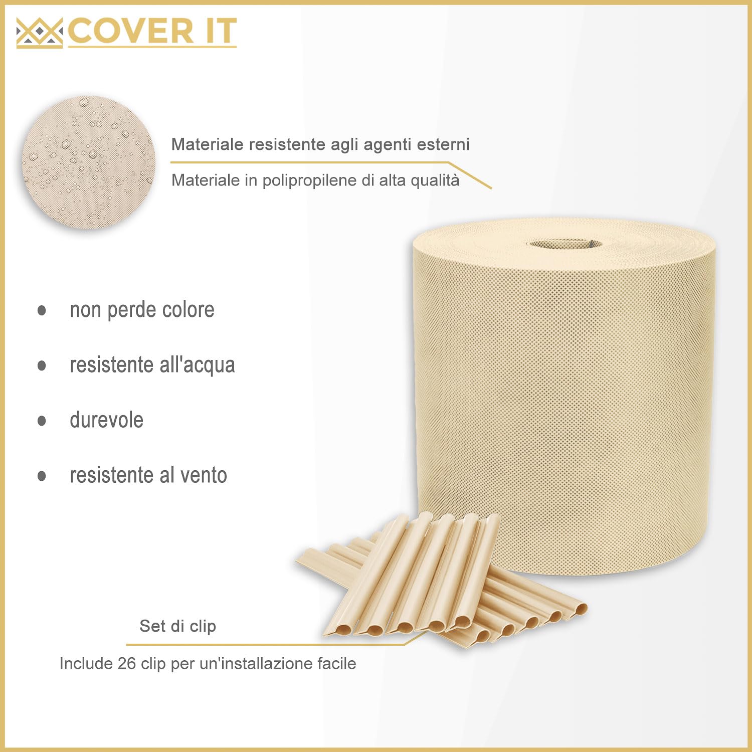 COVER IT Beige Rotolo Frangivista da Esterno 19cmx33m - Frangivista per Recinzione Giardino Peso Base 150 g/m2 - Strisce Frangivista PVC - Ombreggiante per Recinzione