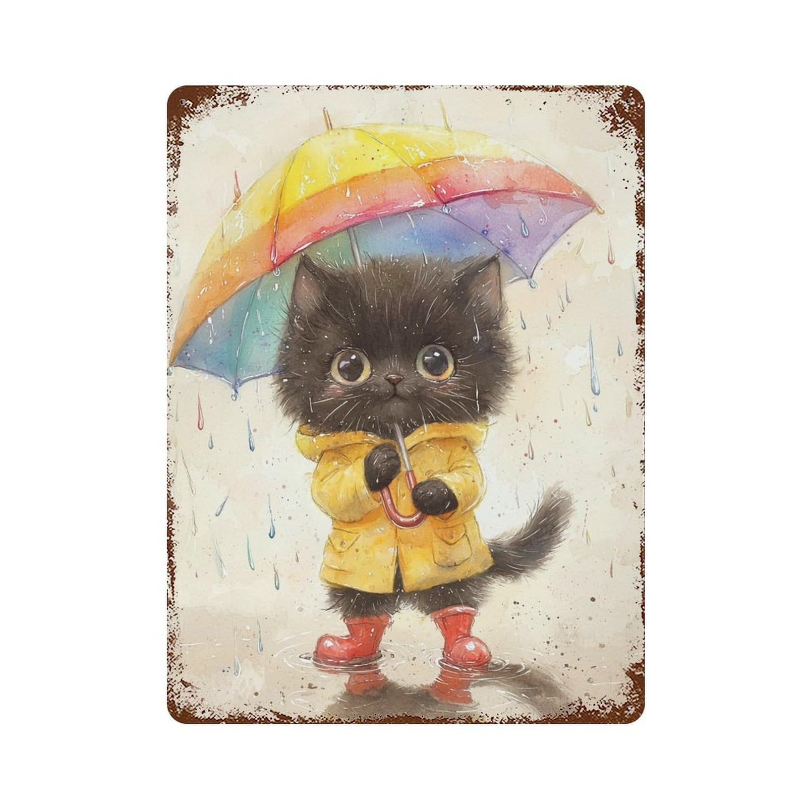 Garage Style Rainy Day Kitten-4 Decorative Tin Sign 15.7"x11.8", Novelty Wall Decor for Bar And Workshop