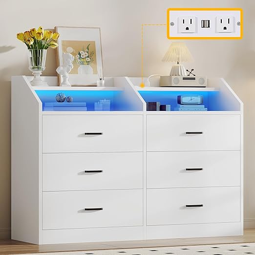 DWVO 6 Drawer Dresser for or Closet, Living Room, Entryway, Hallway, LED Light and Charging Station, Wide Drawer Organizer Cabinet for Office, Modern Chest of Drawers