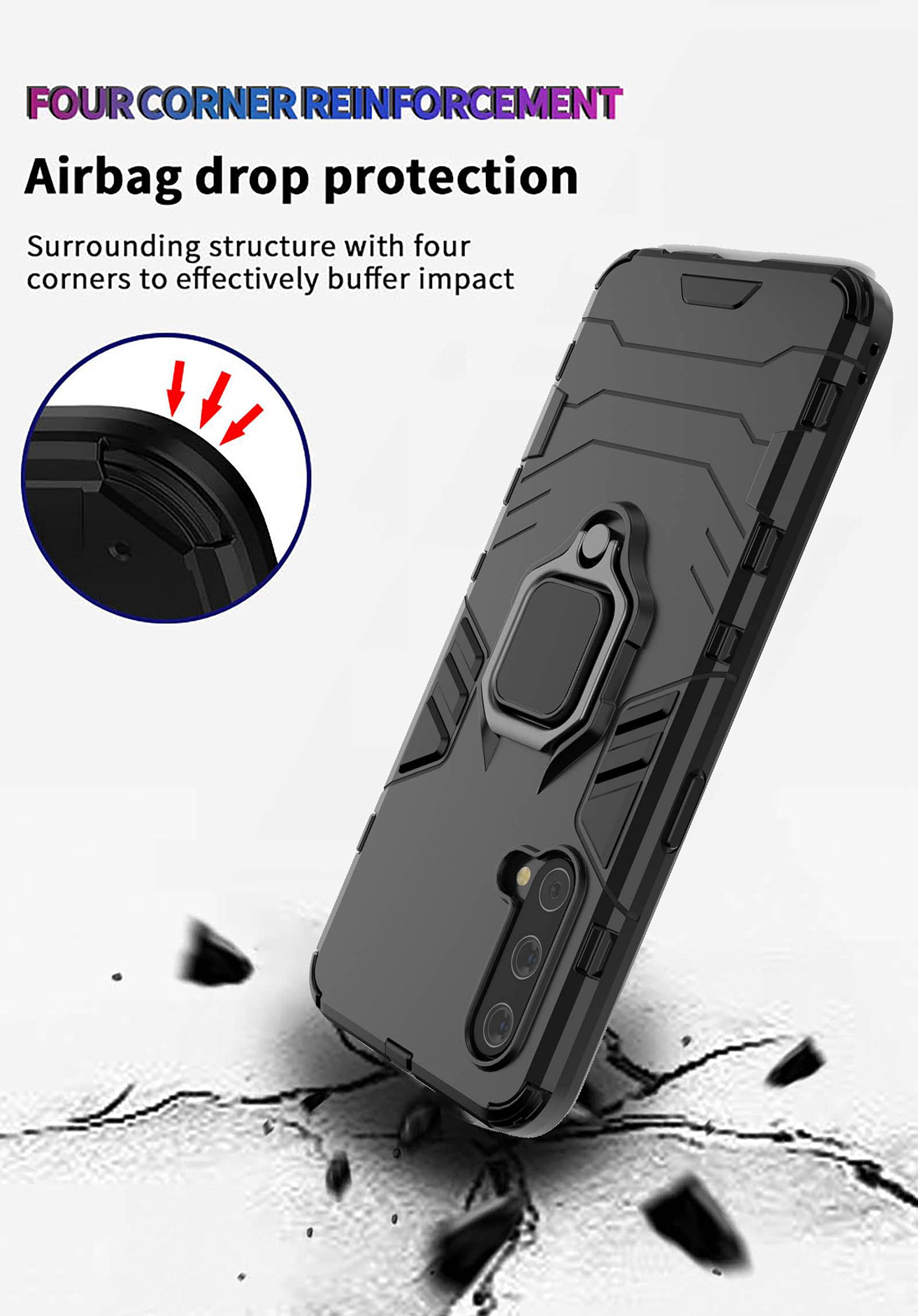 GOKEN Cover per OnePlus Nord CE 3 Lite + 2 Vetro Temperato, TPU/PC Dual Layer Hybrid Armor Custodia con Supporto Magnetico Auto, Silicone Case con 360° Girevole Anello, Nero
