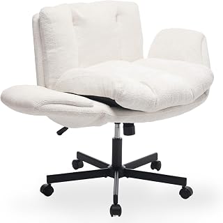Cross Legged Office Chair with Folding Armrests, Extra Wide 24 in Seat for Comfortable Seating in Tailored Seat, Height-Adjustable Chenille Swivel Chair, Vanity Chair on Wheels (Cream White)