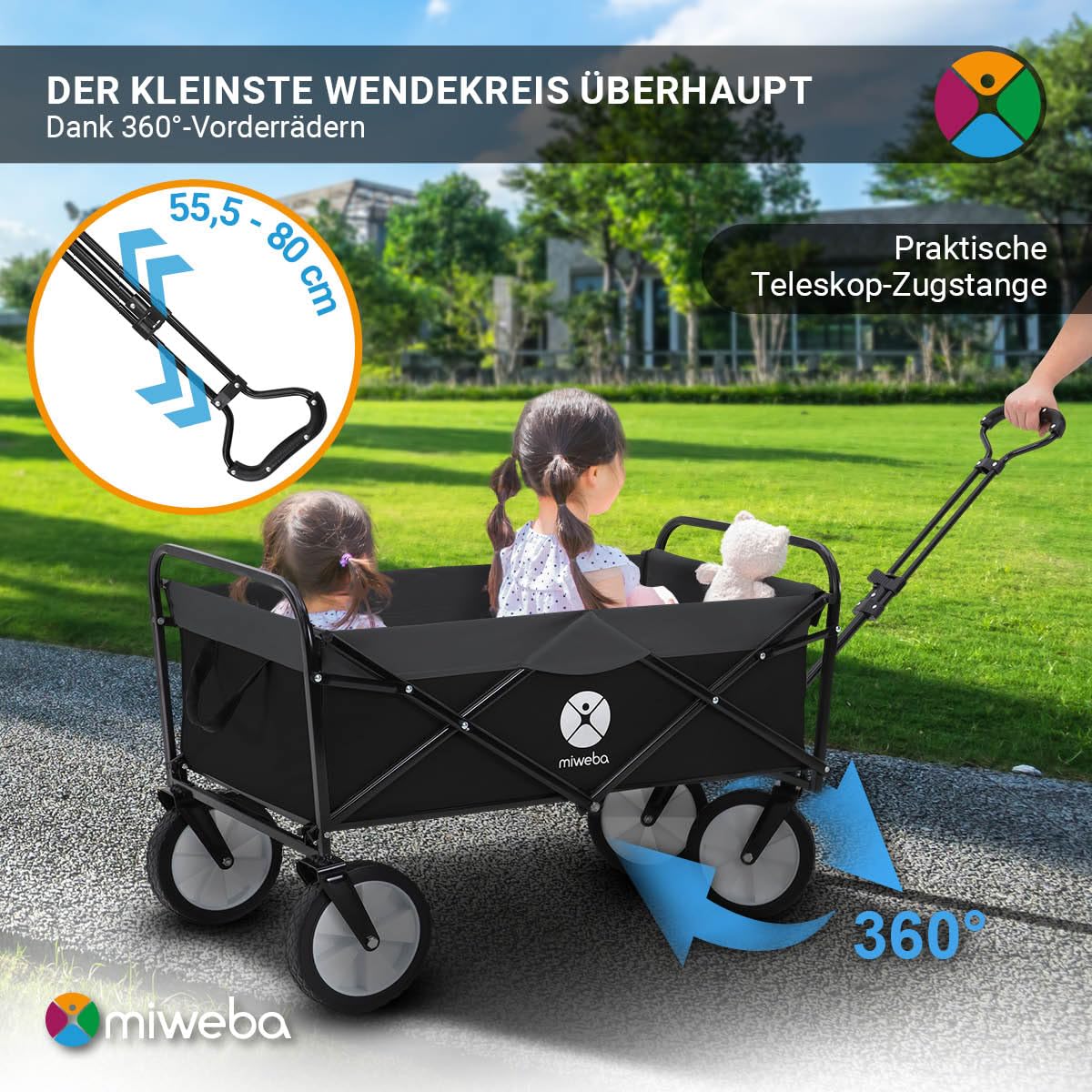 Miweba Faltbarer Bollerwagen MB-35 | Traglast 120 Kg - Klappbar - Handwagen faltbar - Transportwagen für Kinder - Kinderwagen - Gartenwagen - Wagen - Strandwagen - Faltwagen (Schwarz/Dunkelgrau)
