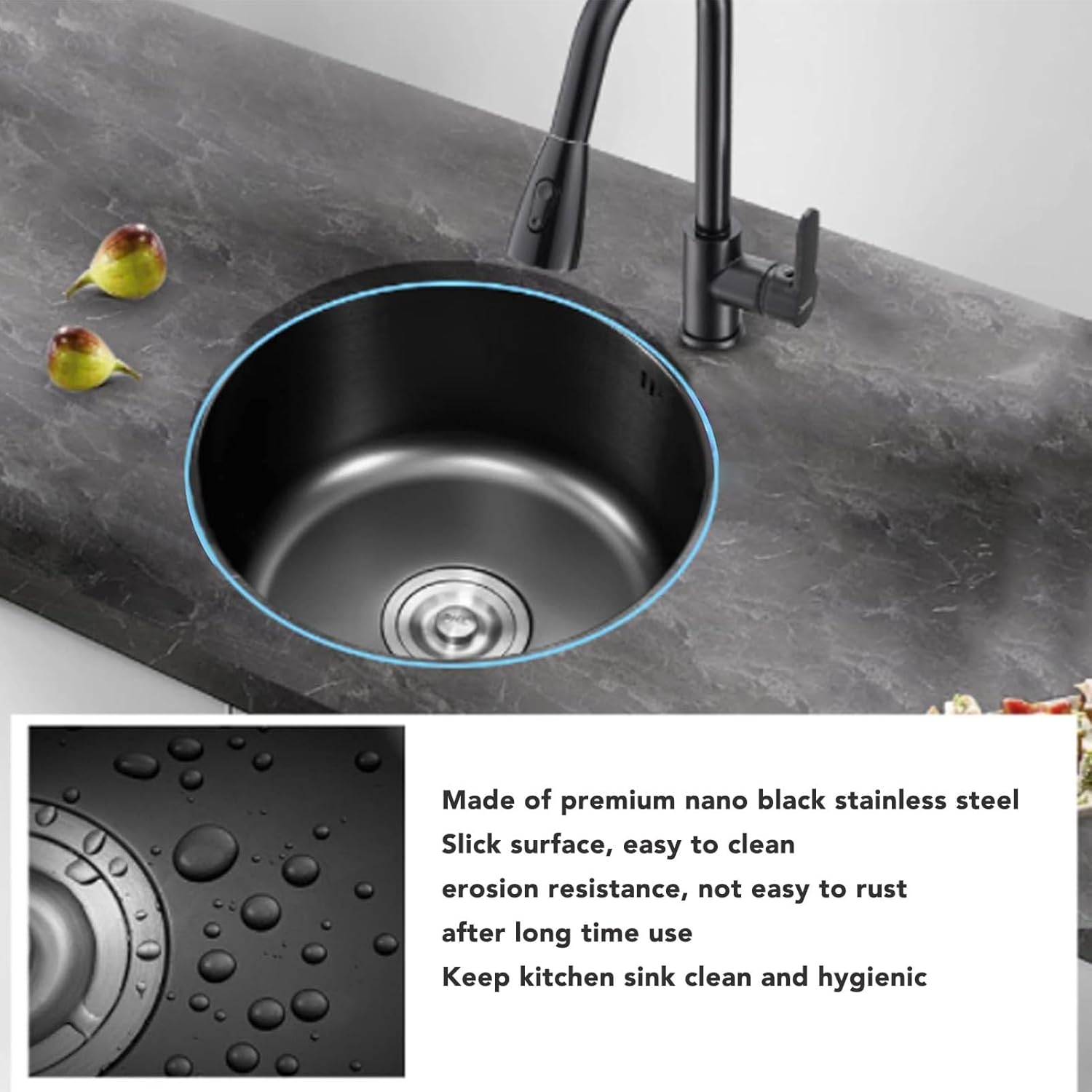 Bewinner Black Stainless Steel Undermount Single Bowl Kitchen Sink, 15.7x14x7.1 inches, Basket Strainer
