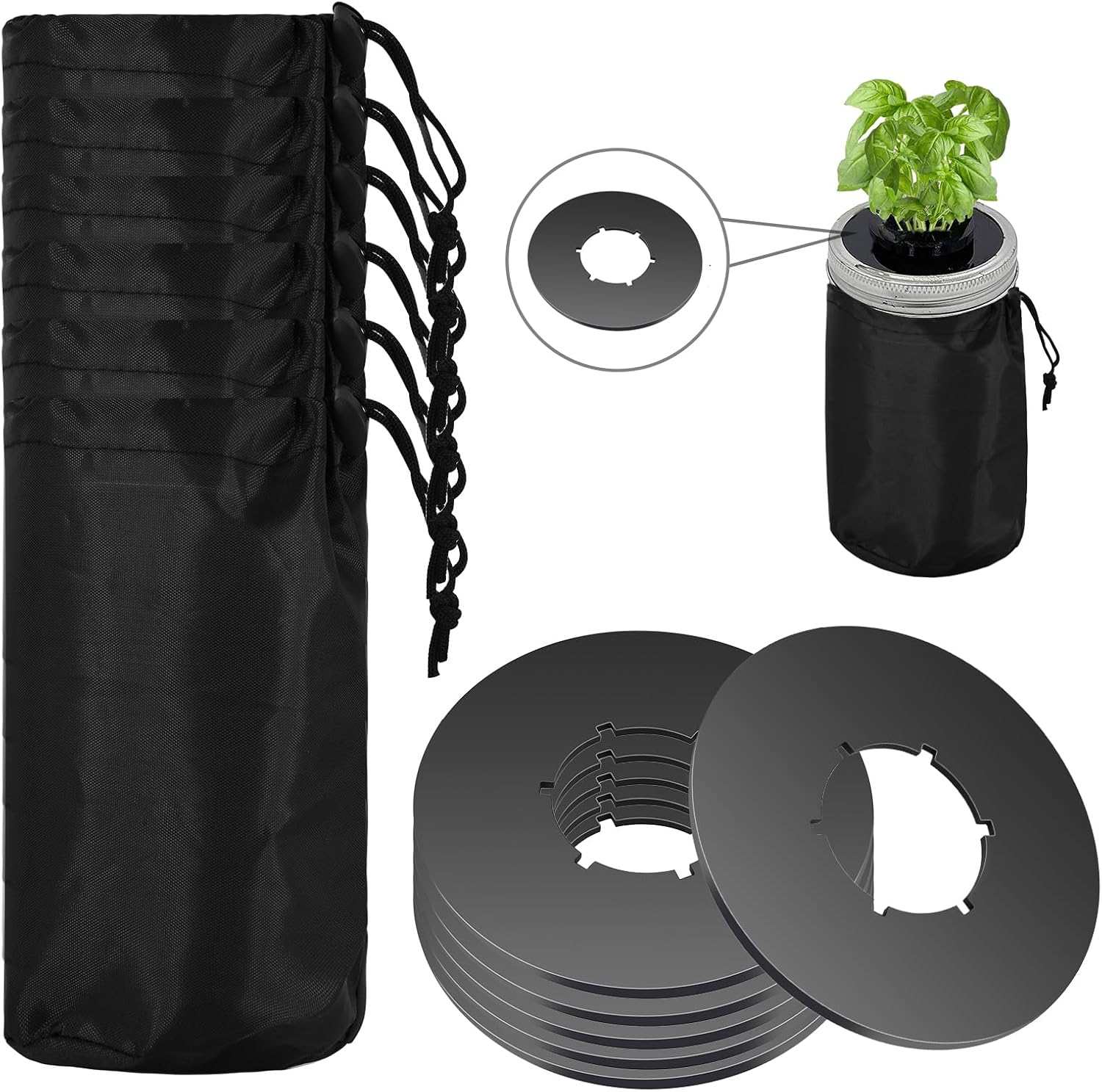 6Pcs Kratky Lids - Wide Mouth Hydroponic Cover Lids with Blackout Sleeves and Hole for Mason Jars