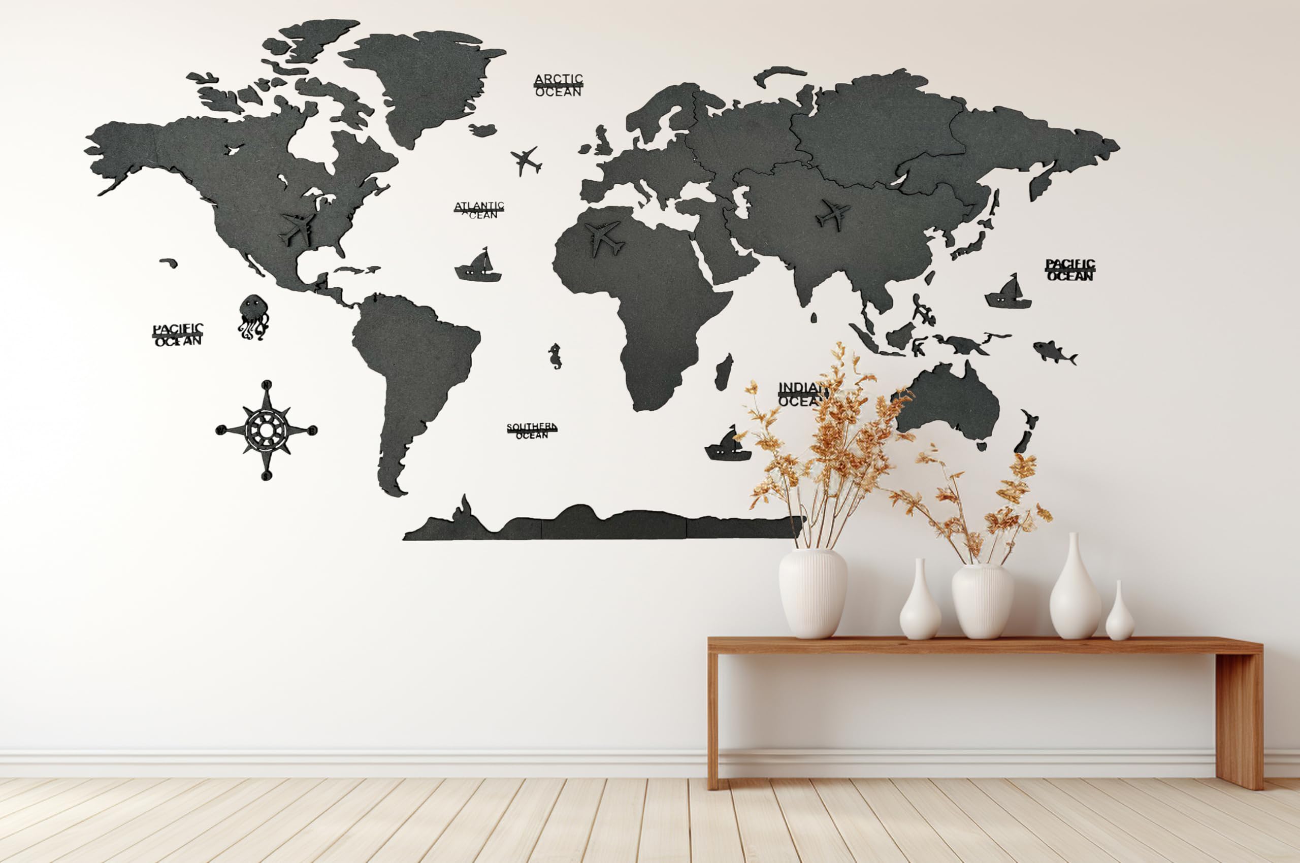 Elk 3D Wooden World Map Wall Decor - Black Color - Perfect Wall Decor for Travel Enthusiasts | Size:XL (205x116CM) (B0D6GJDLWR) Amazon Price History, Amazon Price Tracker