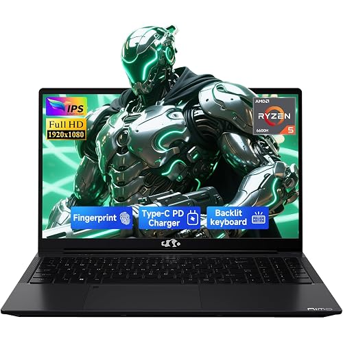 NIMO 15.6" IPS FHD-Gaming-Laptop,AMD Ryzen 5 6600H 16GB DDR5 RAM 512GB SSD (Beat i5-1335U, 6 Cores Up to 4.5GHz) AMD Radeon 660M GPU-Computer with 100W Type-C Backlit Keyboard Fingerprint