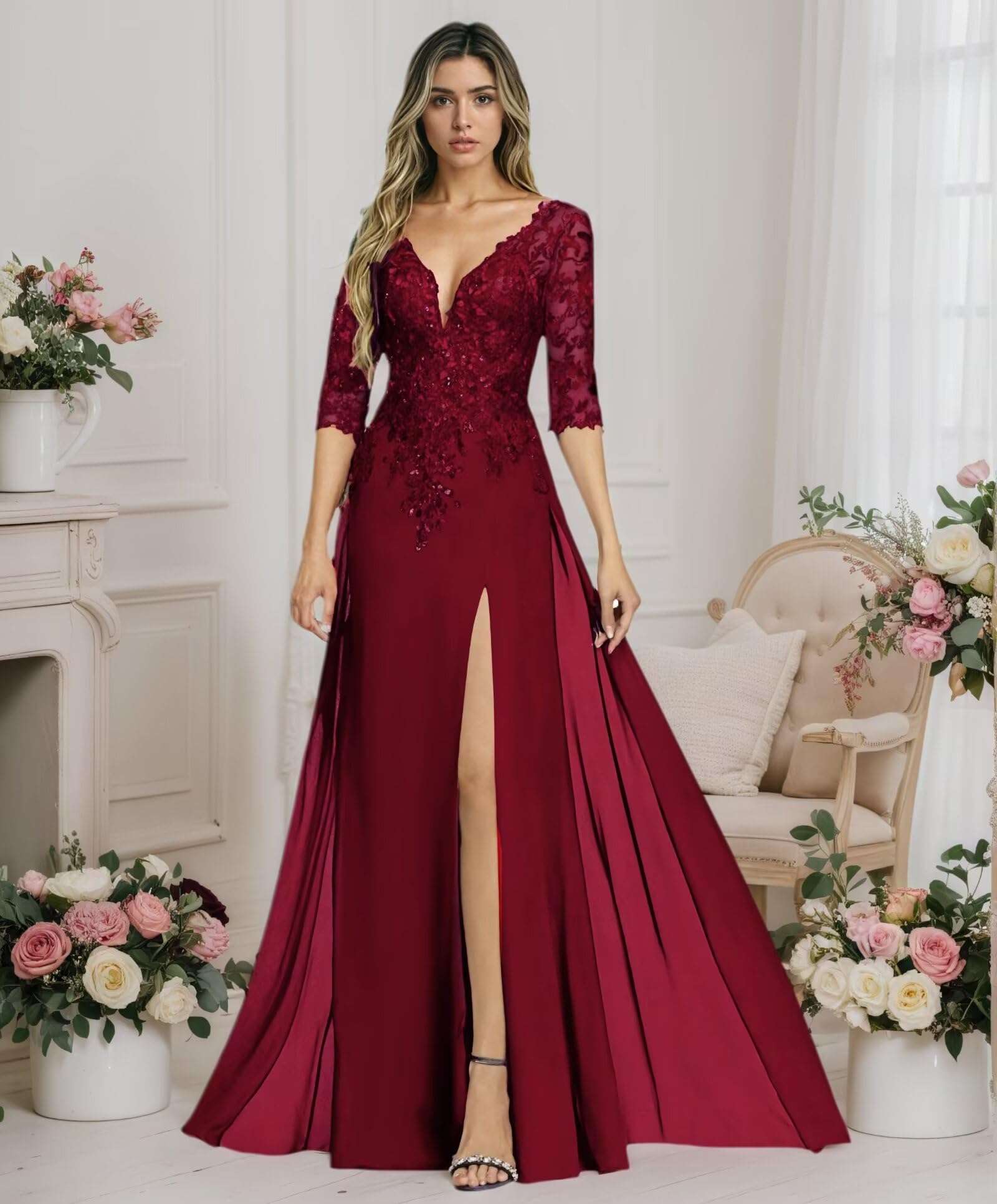 Sincemeet Abito da Sposa per la Madre della Sposa in Chiffon con Applicazioni in Pizzo e Scollo a V, Abito da Donna per la Madre dello Sposo