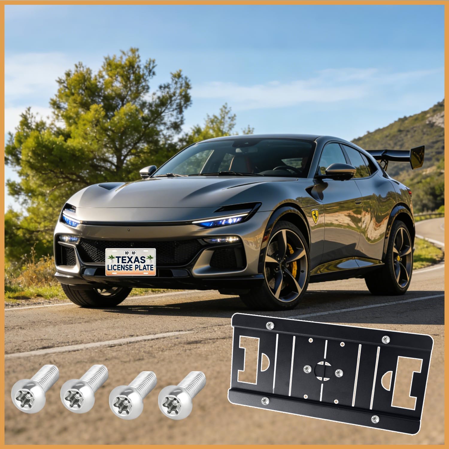 No Drill Front License Plate Frame Compatible with Ferrari Models, Compatible with F8 Roma Portofino SF90 Purosangue Models, with Full Installation Kit