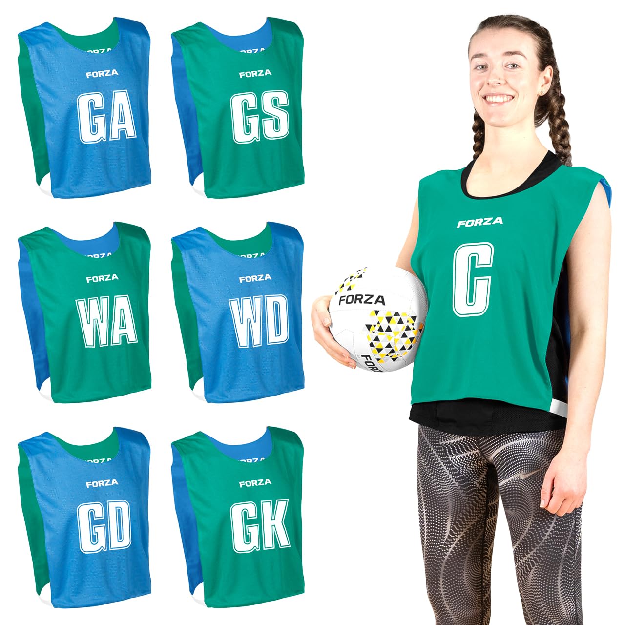 FORZA Pro Reversible Netball Bibs [Pack of 7] | 2-in-1 Design with 5 Colour Combinations - Ideal for Schools & Sports Clubs (Teal & Blue, Medium)