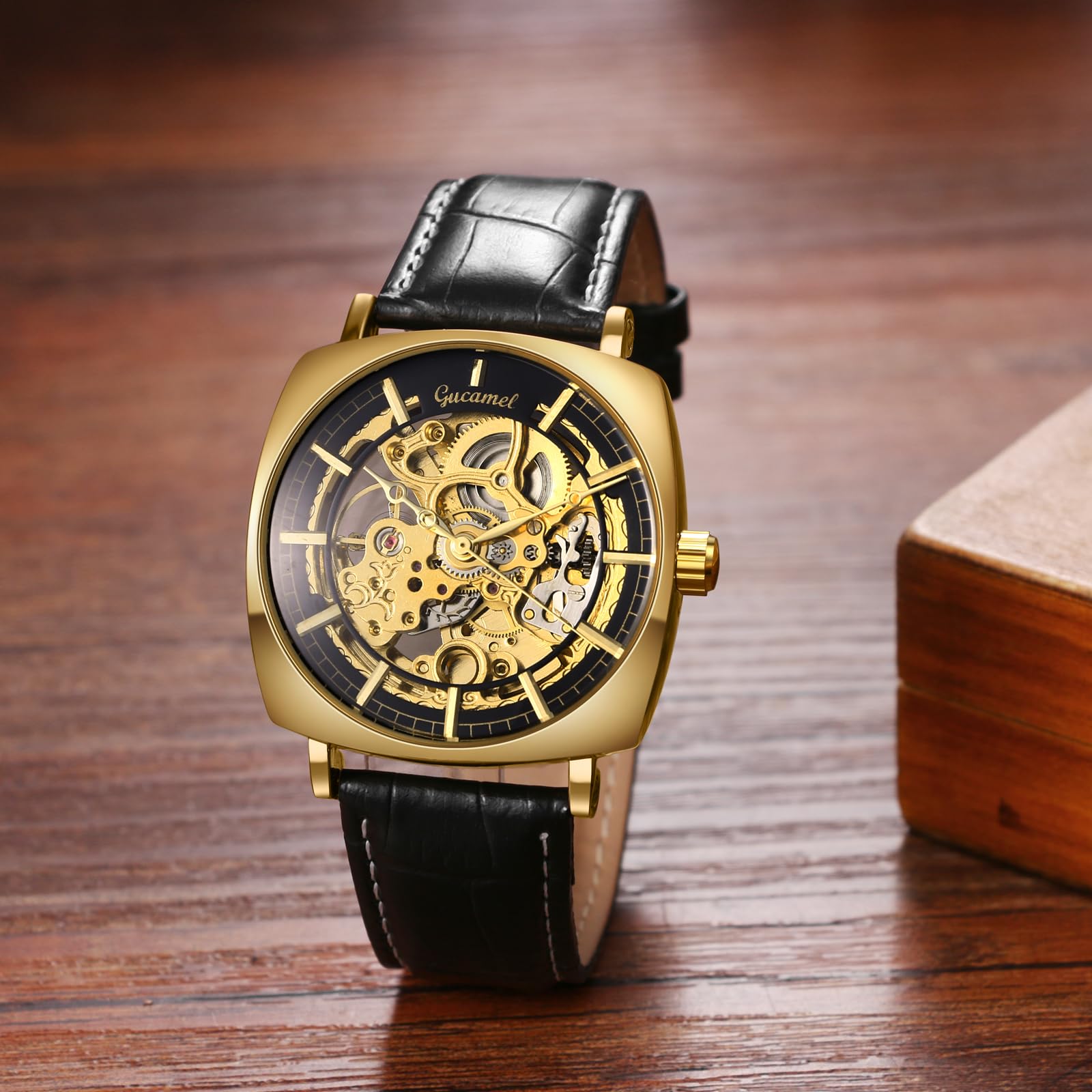 JewelryWe Herrenuhr Automatik Mechanische Uhr 30m wasserdicht Analog Automatische Armbanduhr Automatikuhr Herren Schwarz Echtes Lederarmband Skelett Uhr