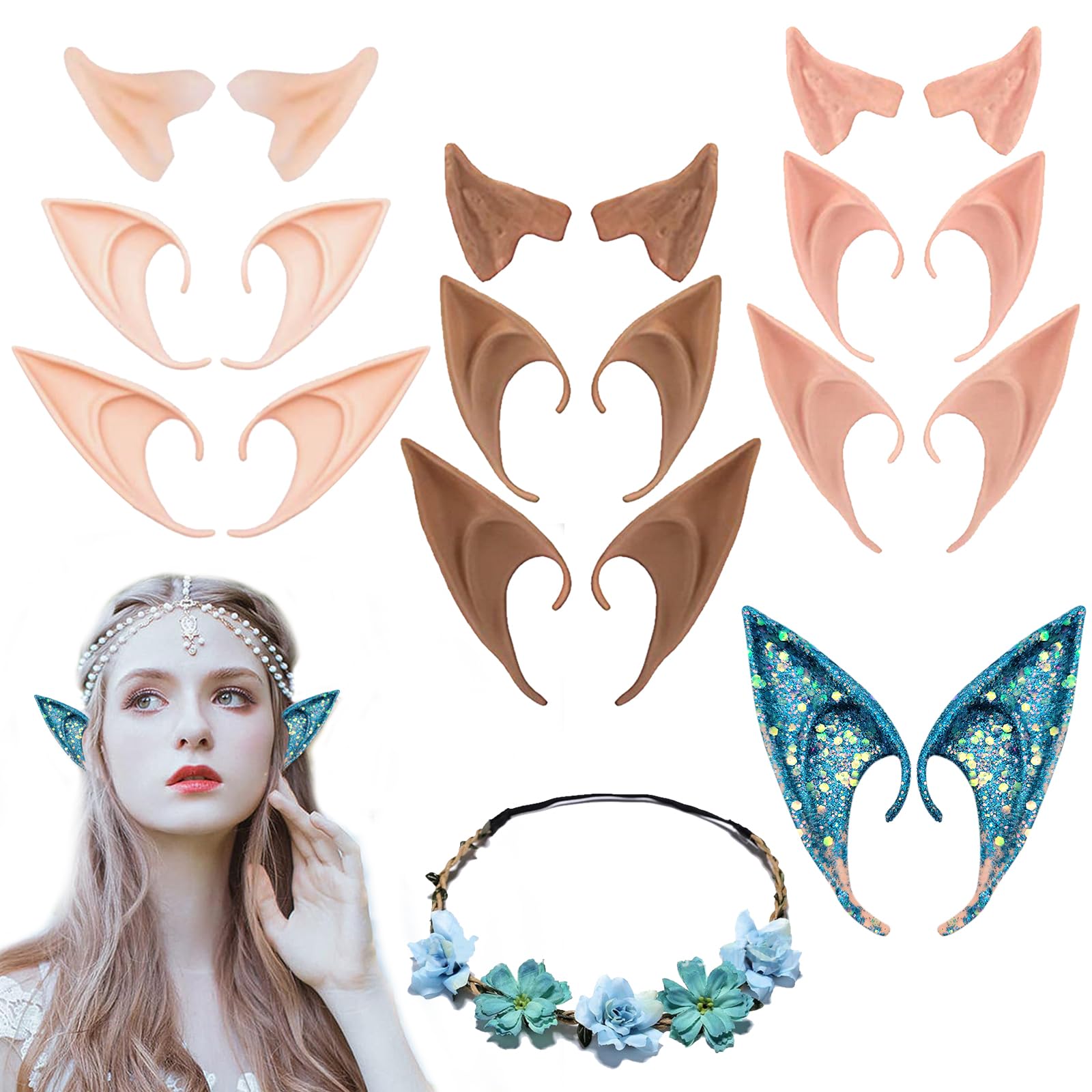 9 Paia Orecchie Da Elfo In Lattice - 3 Misure E 3 Colori, Per Cosplay, Halloween, Natale E Feste - Foto 5