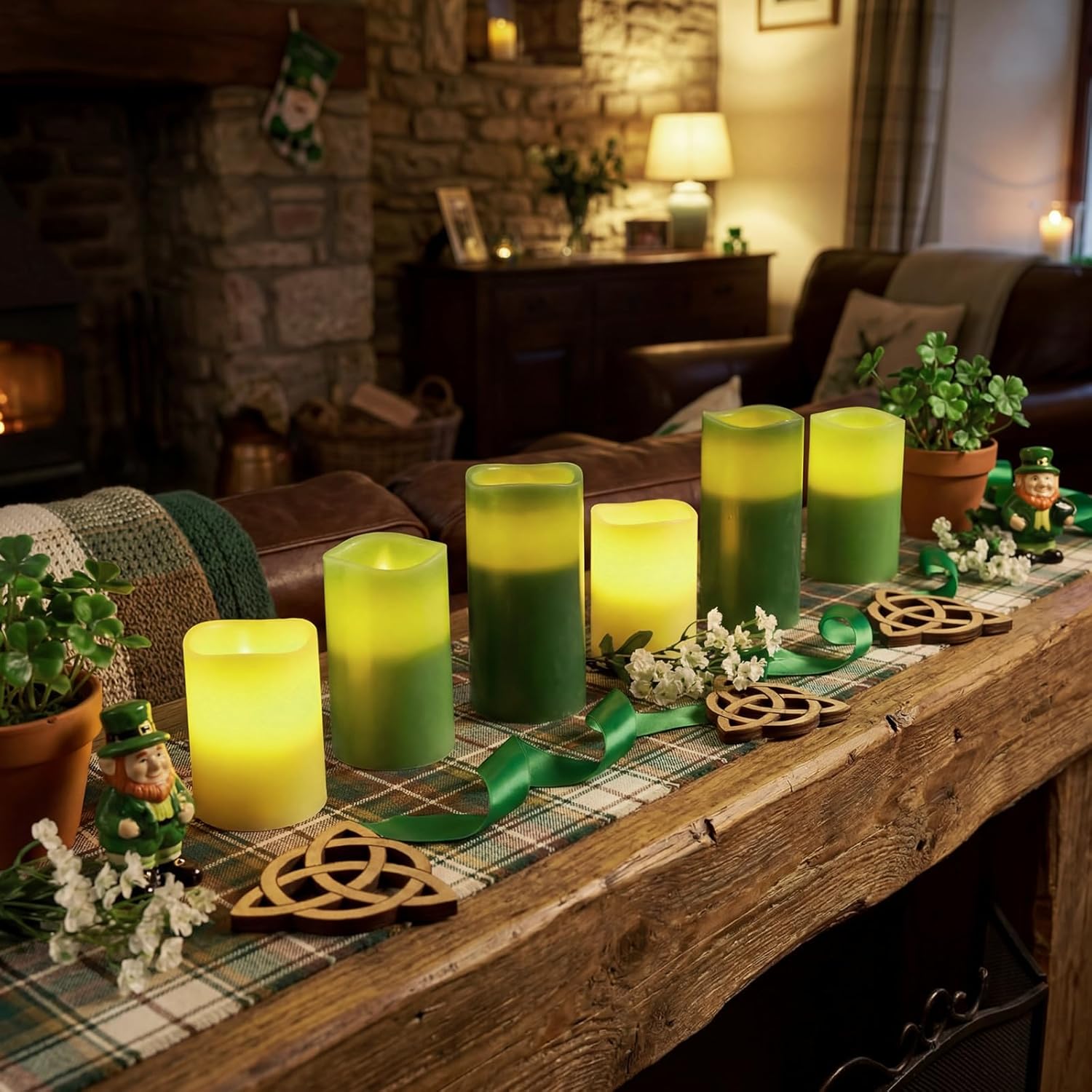 VIHOSE 6 Pcs St Patrick's Day Flameless LED Candles Green Irish Melted Edge Real Wax Decoration Fake Pillar Candles with Remote and Timer Function 4" 5" 6" Gifts for Decor