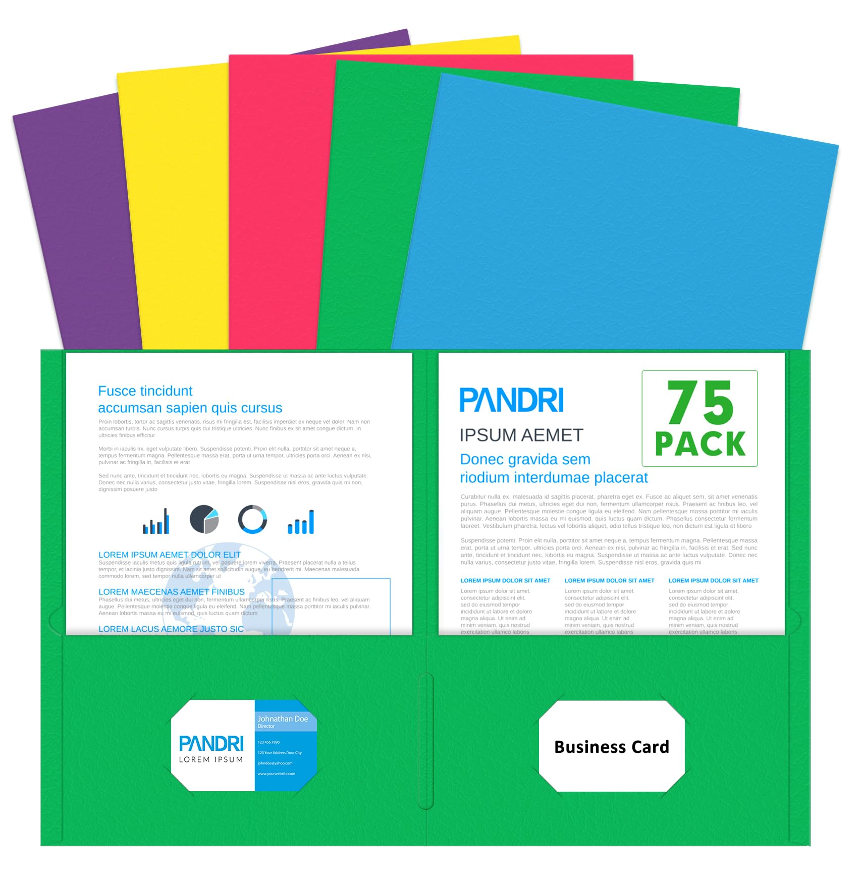 PANDRI - Carpetas de dos bolsillos, paquete de 75, carpeta de archivos de papel tamaño carta, 5 colores surtidos