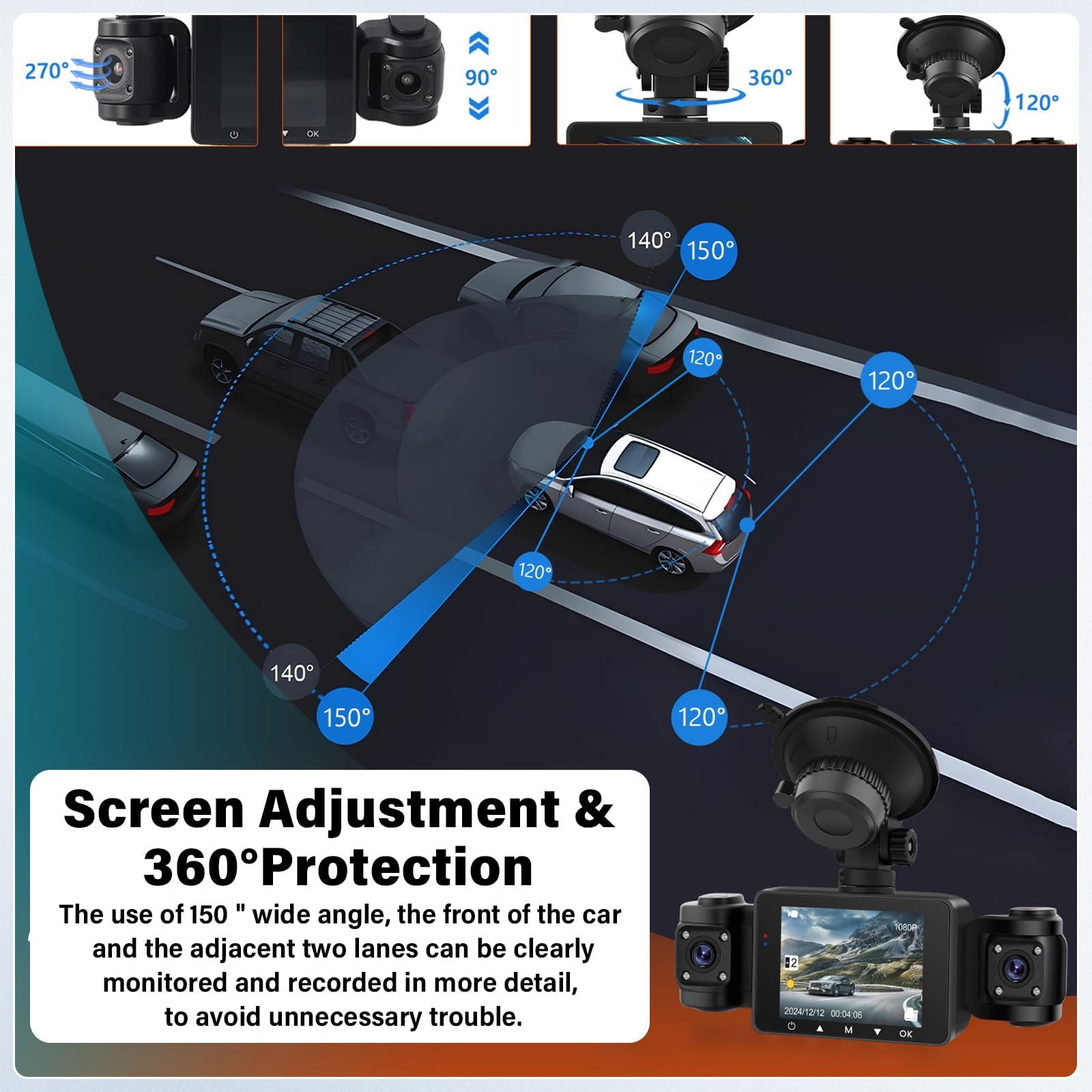 CAMECHO Dashcam Voiture Avant Arrière 1080P, Caméra Embarquée Voiture avec Carte SD 64Go Gratuite, Caméra de Voiture WiF, Super Vision Nocturne, Mode Parking 24H