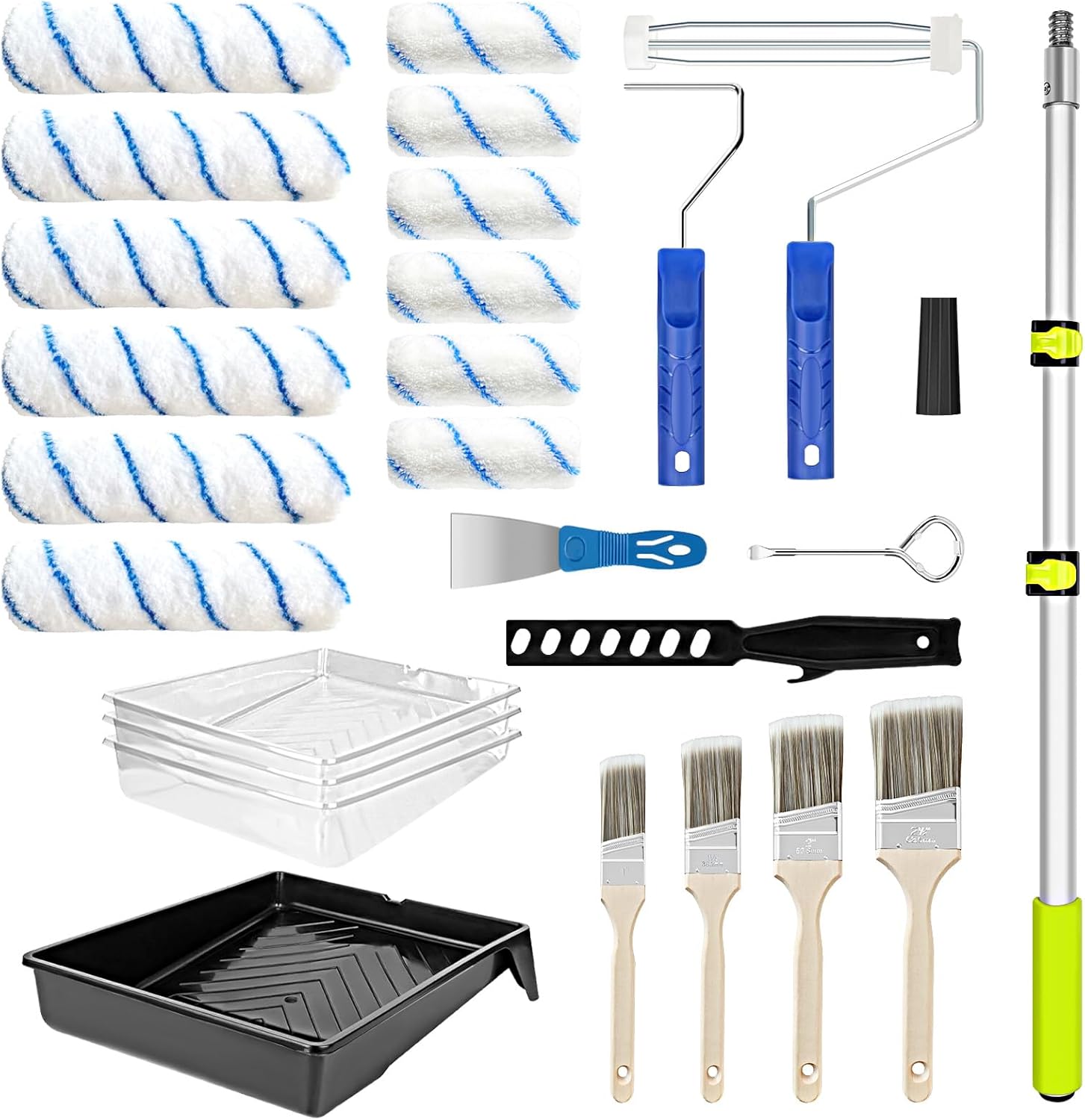 NOEIAKE Paint Roller Kit with 4FT Extension Pole,27 PCS Painting Brushes Set with 4"&9" Paint Rollers for House Improvement