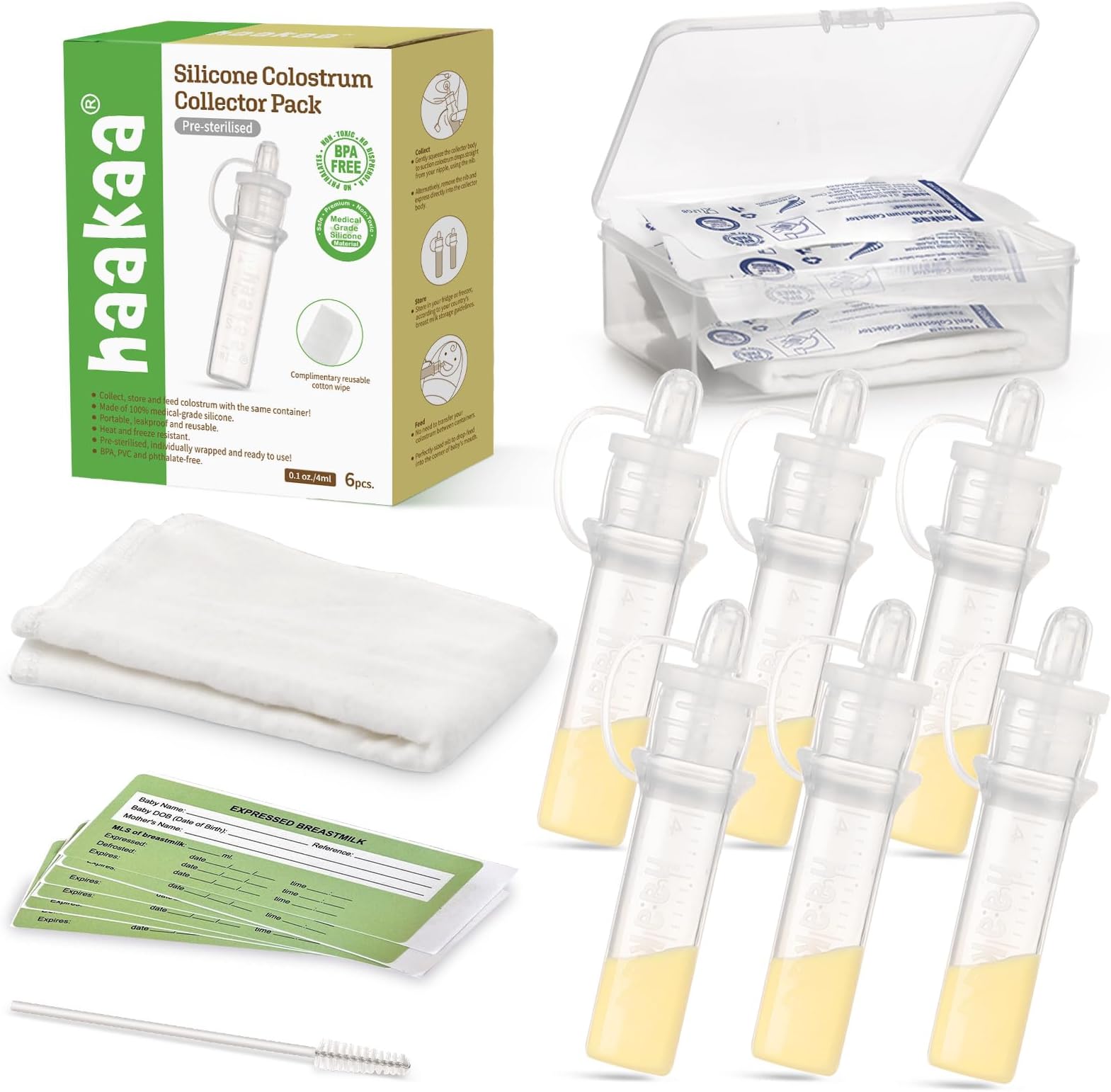 Haakaa Colostrum Collector Set Includes a Portable Case and a White Cotton Cloth Wipe for Breastfeeding Moms to Collect Store and Feed Colostrum, 4ml/6pcs