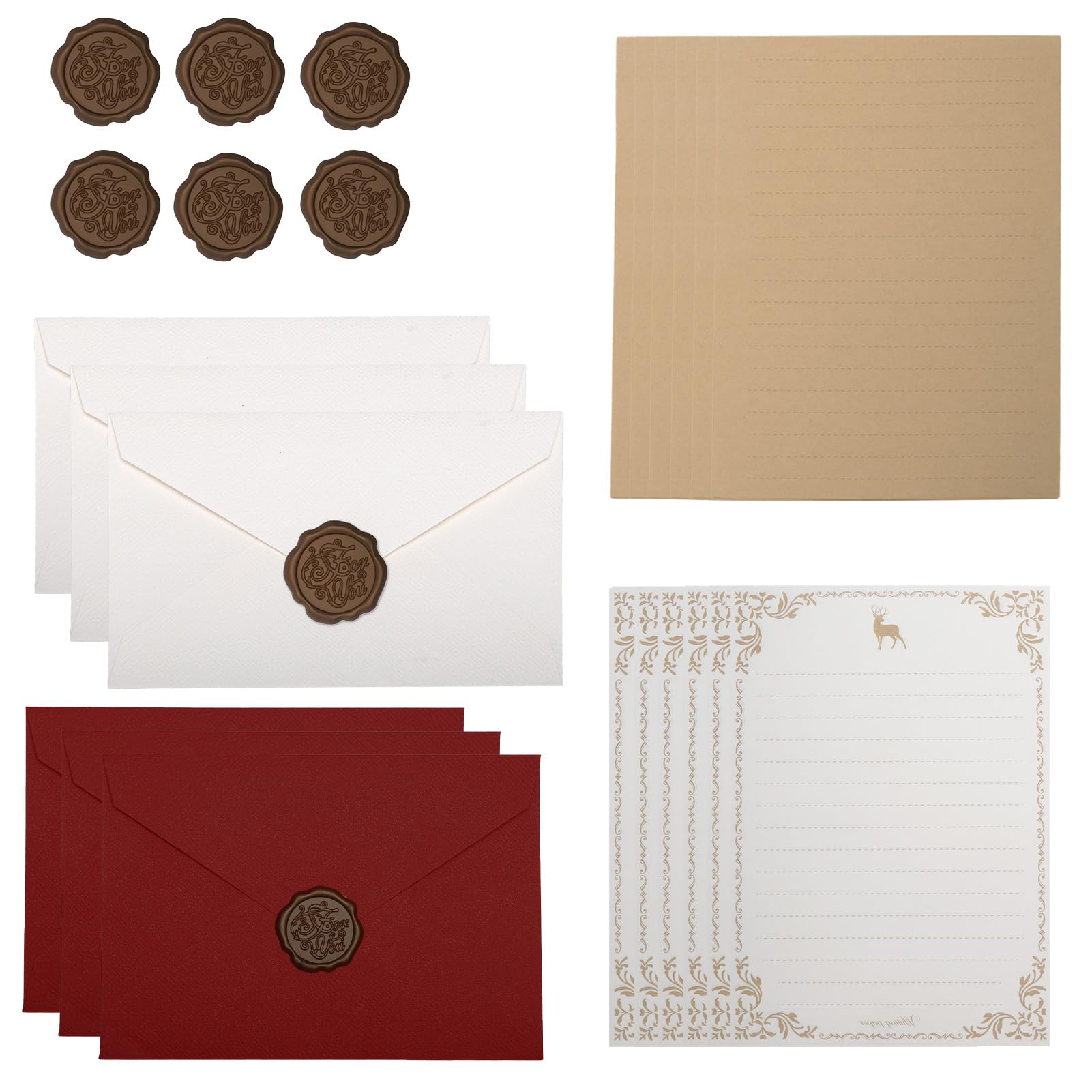 Vintage Writing Paper and Envelopes Set, 24pcs Letter Writing Set with 6 Envelopes 12 A5 Letter Papers and 6 Wax Seal for Birthday Wedding Invitation Greeting Cards Graduation Red & Off-White