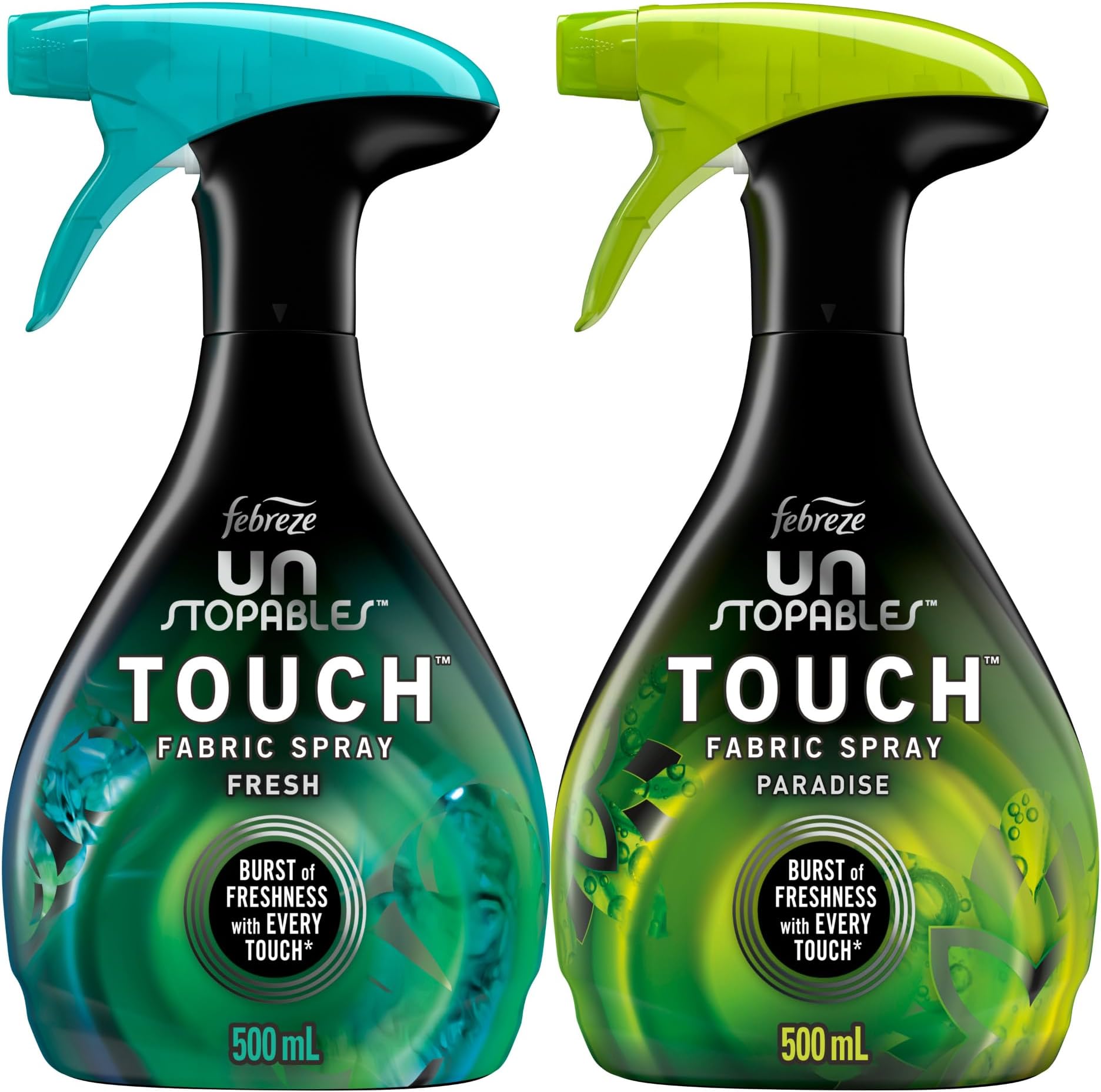 Febreze Fabric Spray, Unstopables Touch Fabric Refresher Spray, Odor Fighter for Strong Odor, Fresh & Paradise, 16.9 Oz (2 Count)