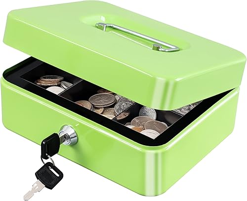 KYODOLED Caja mediana con bandeja de dinero, caja de seguridad pequeña con llave, cajón de efectivo, 7.87 x 6.30 x 3.54 pulgadas, verde lima, mediano