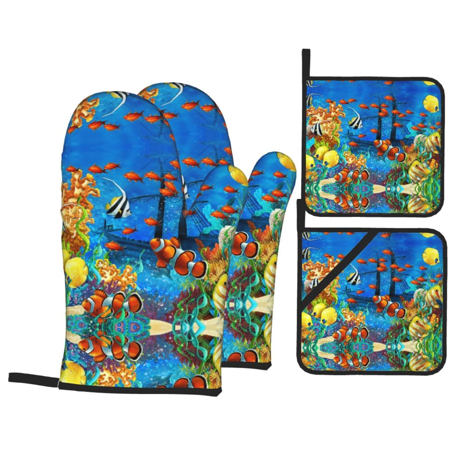 The Underwater World Tropical Fish Oven Mitt and Pot Holder 4-Piece Set for Kitchen, Outdoor Grill, Baking