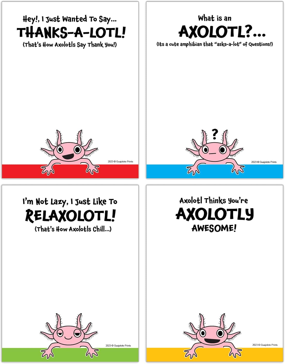 Funny Axolotl Gift Notepads (4-Pack) Cute Novelty Item - Assorted Memo Pads Collection, Funny Office Supplies