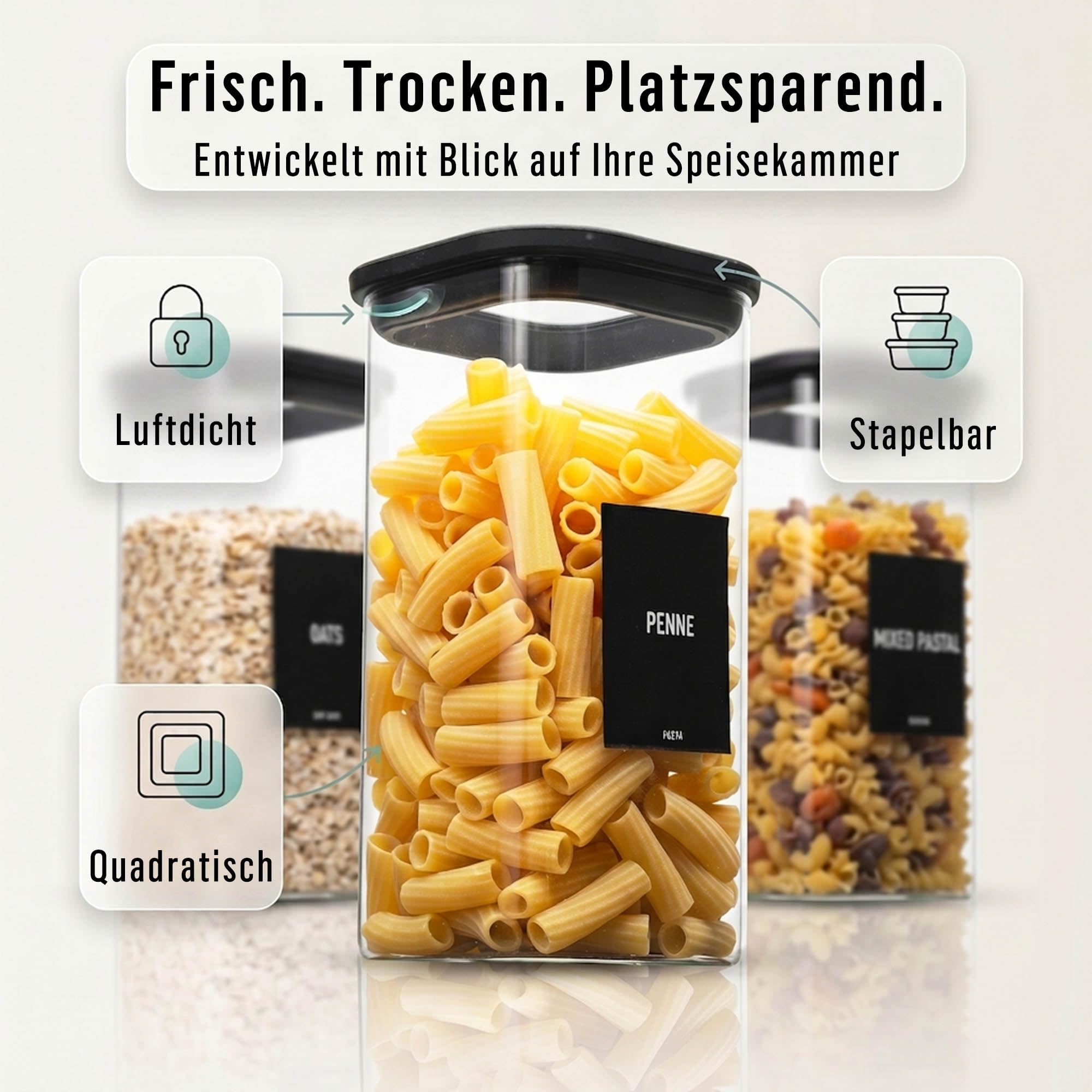 Deco haus Vorratsgläser Eckig mit Glasdeckel 6er-Set 1600 ml [+ Etiketten] | Vorratsdosen glas 6x1600ml - Nudeln, Müsli, Mehl Aufbewahrungsgläser - Glasbehälter & Töpfe - Vorratsbehälter Glas