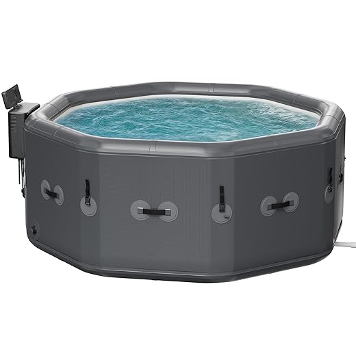 6-8 Person Inflatable Hot Tub - 85"x28" Portable Outdoor Spa with 160 Bubbling Jets & Smart Control,2 Contoured Headrest,Cup Holder and Cover, Octagon, Gray