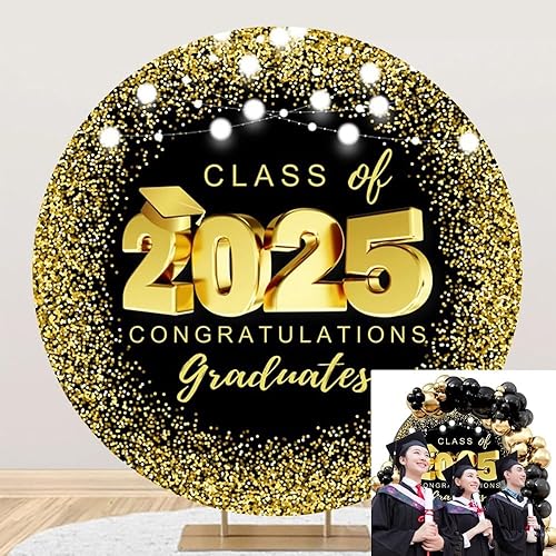 OERJU Cubierta de fondo redonda de graduación para clase de 2023, telón de fondo redondo negro y dorado, decoración de fiesta de graduación,