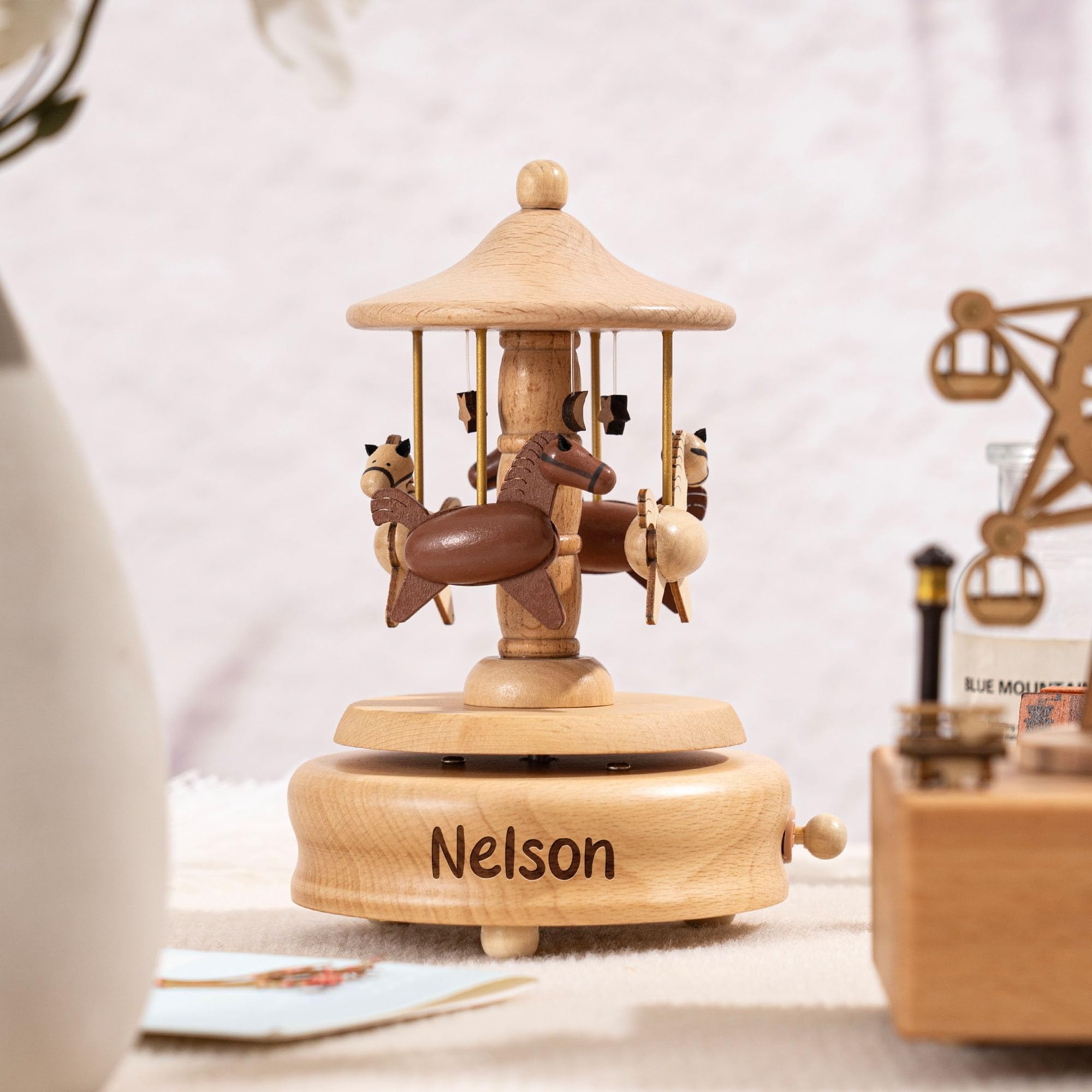Kenon Carillon Personalizzato in Legno a Carosello, Carillon con Incisione, Carillon in Legno da Ballerina, Regalo Ricordo per Ragazze e Ragazzi