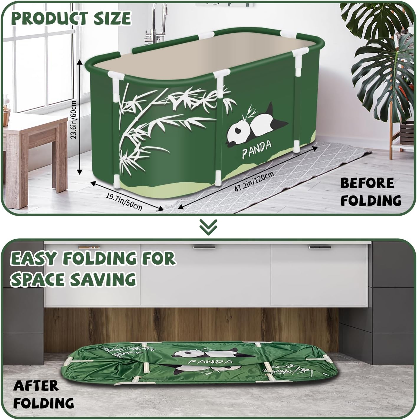 Portable Foldable Bathtub,Foldable Soaking Bathtub for Adults, Freestanding Bathtubs, Hot Bath Tub, Ice Bath, Family Bathroom SPA Tub 47.2x19.7x21.7inch (Panda)