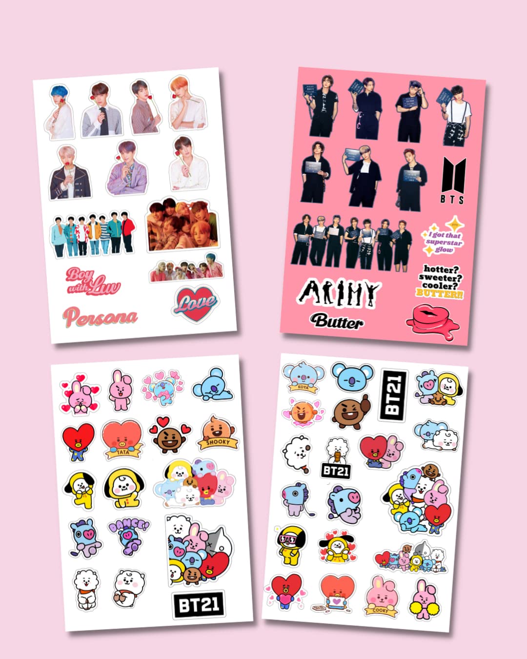 The K-Fandom BTS & BT21 BWL_Butter Sticker Set (64 Stickers, 4 Sheets) | BTS V, Journal, Laptop, Diary Stickers | Perfect for BTS Fans & Collectors
