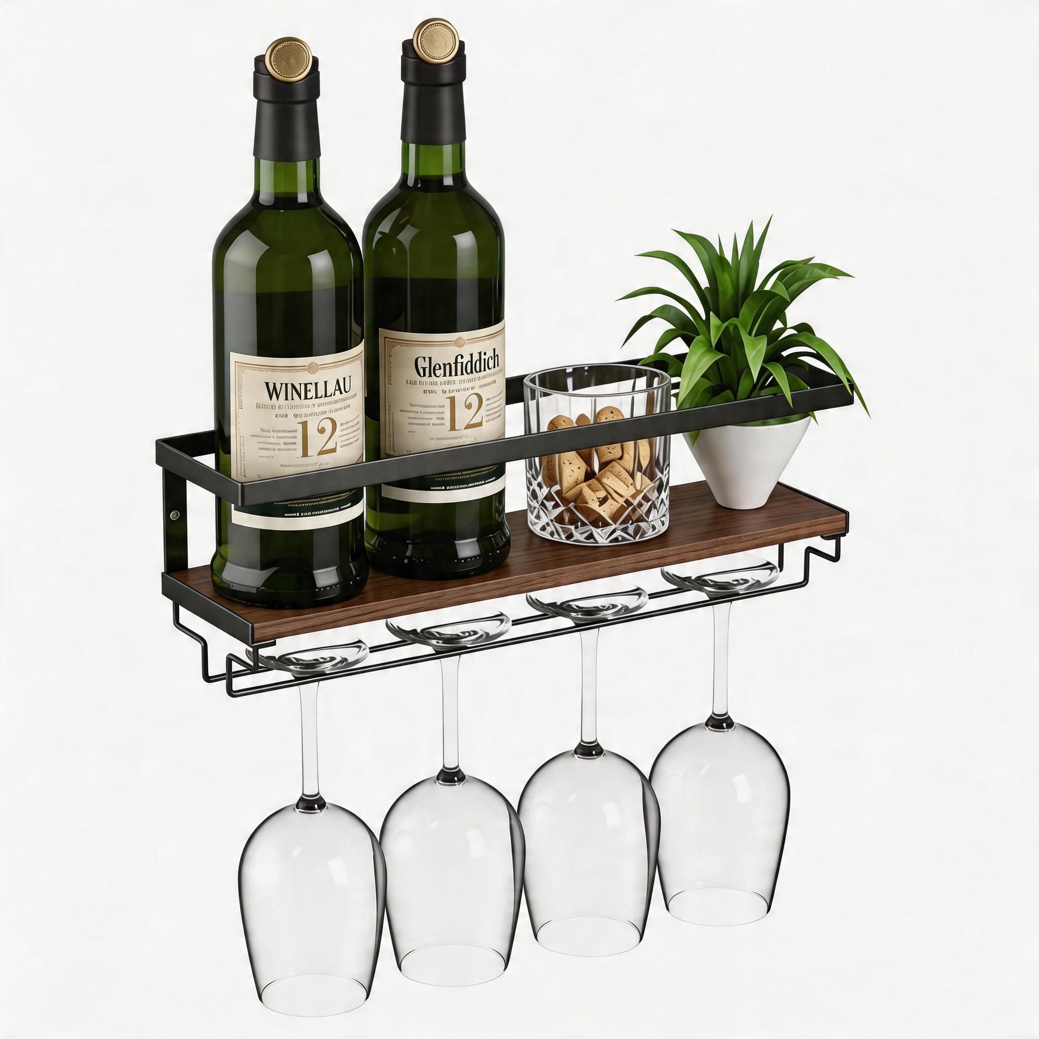 B4Life Wine Glass Holder Wall Mounted, Hanging Wine Glass Rack for Wine Bottles, Bar Shelf Wall Mounted with Stemware Hanger, Bar Glass Holder for Dining Room Home Kitchen — image 1