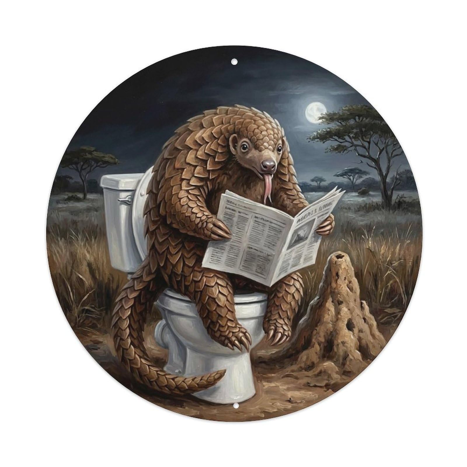 Pangolin On Toilet Humorous Bathroom Night Termite Mound Metal Tin Sign