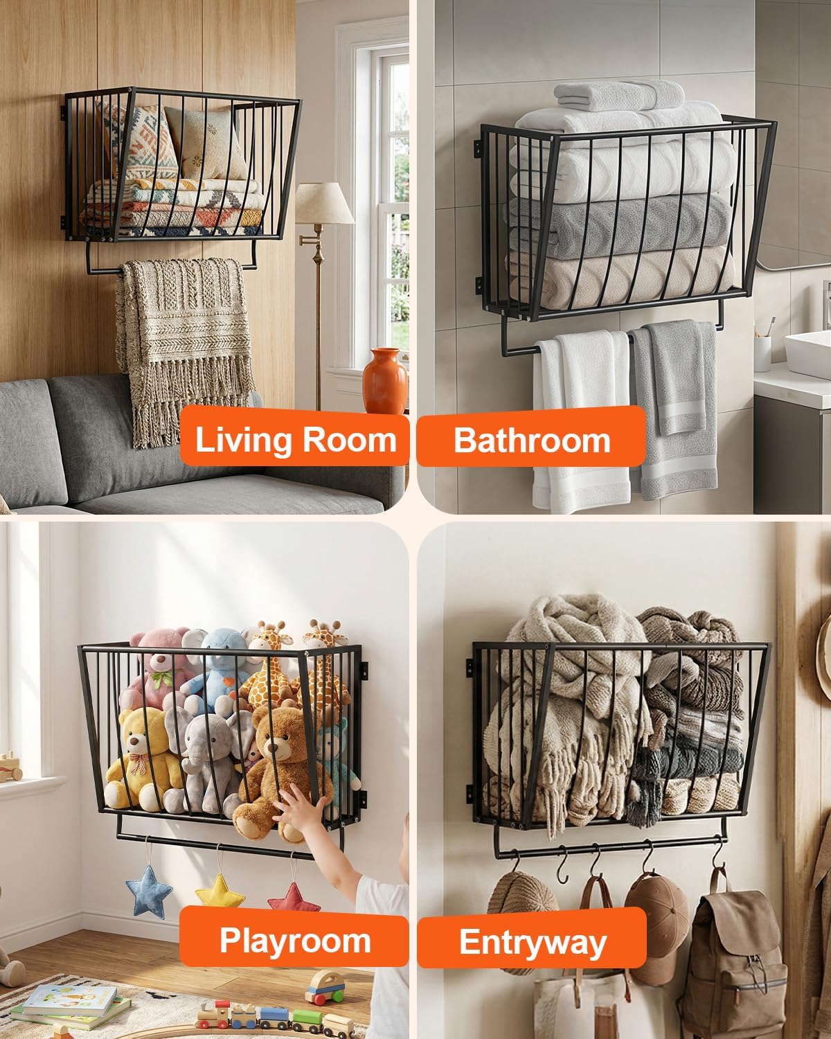 Blanket Holder Wall Mounted 23.6in, Metal Blanket Rack for Living Room Storage & Decoration, Space-Saving Towel Rack for Bedroom, Entryway, or Laundry Room, Black