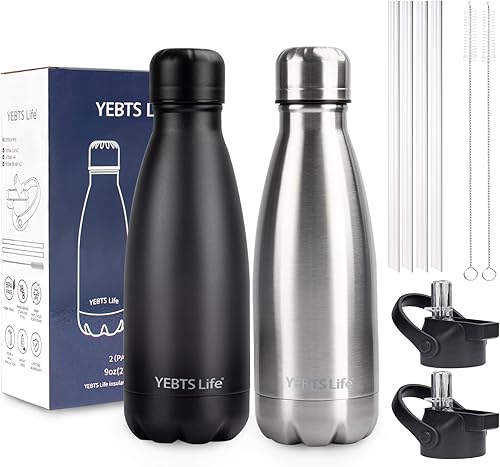 Miniatura 43 de Botella de agua aislada, paquete de 2 botellas de agua de acero inoxidable de 12 onzas con tapa con pajilla, botellas de agua deportivas de metal