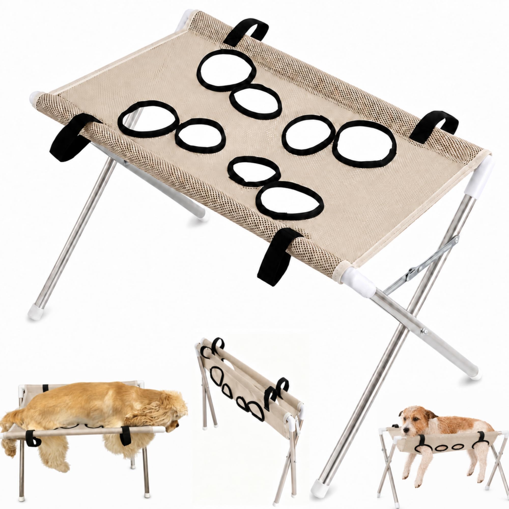 Dog Grooming Hammock with Stand, Foldable Pet Grooming Table with Washable Mesh, Freestanding Bathing and Nail Trimming Station for Small and Medium Dogs and Cats，Khaki：Standard Style
