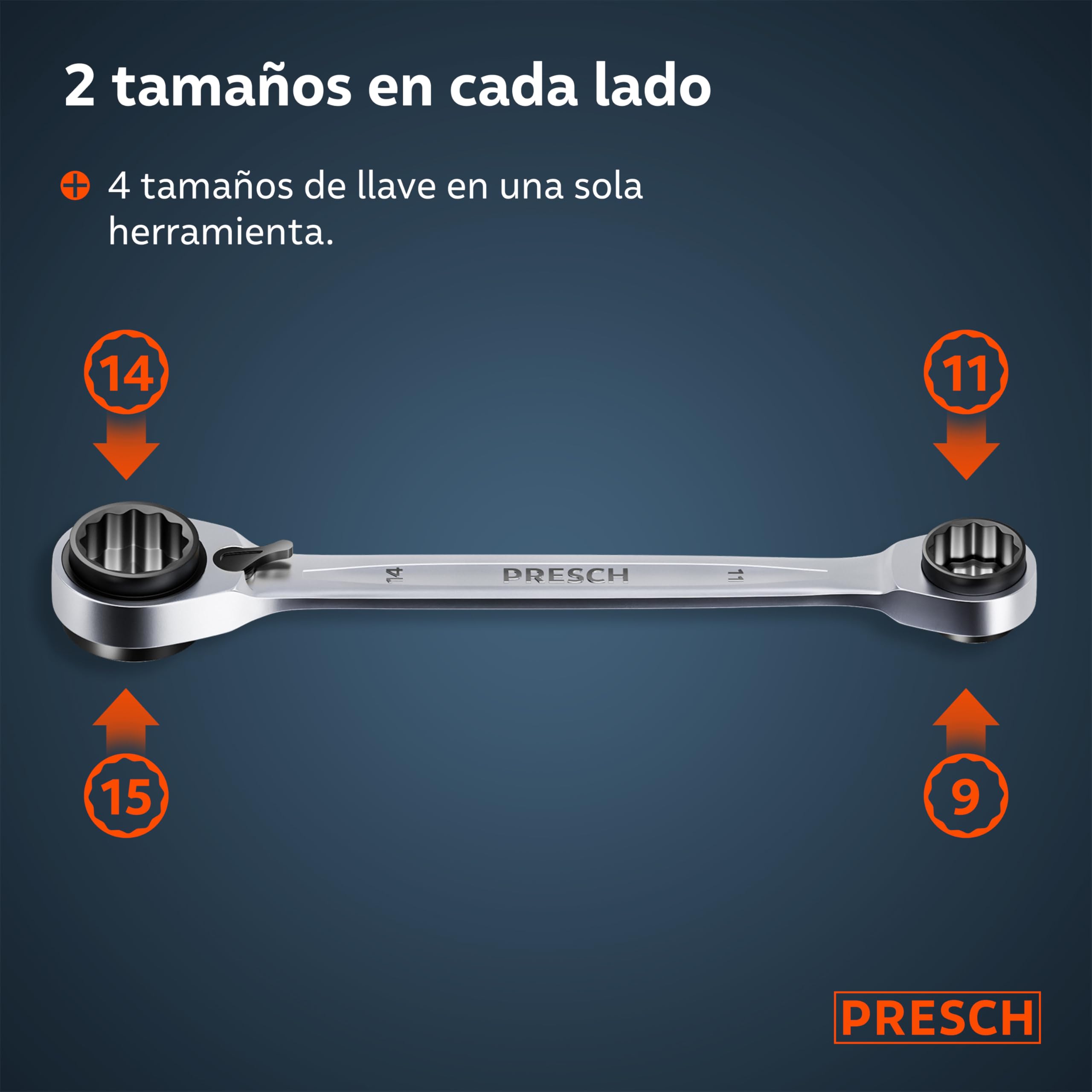 PRESCH Llave carraca doble 4 en 1 (9/11mm y 14/15mm) – Función de reversible – Con 90 dientes y ángulo de retroceso de 4° – 4 tamaños en una sola llave de carraca - Extremadamente resistente