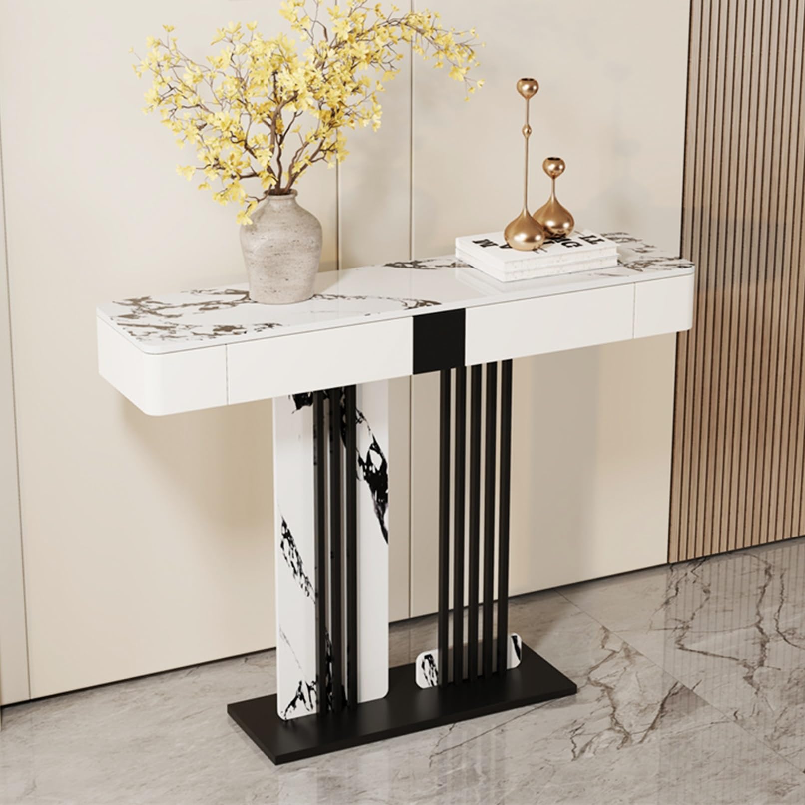 SXZenSpace Narrow Entryway Console Table Long Sofa Side with Metal Storage Shelf for Living Room Hallway Foyer Stylish Black Grey Design (140cm)