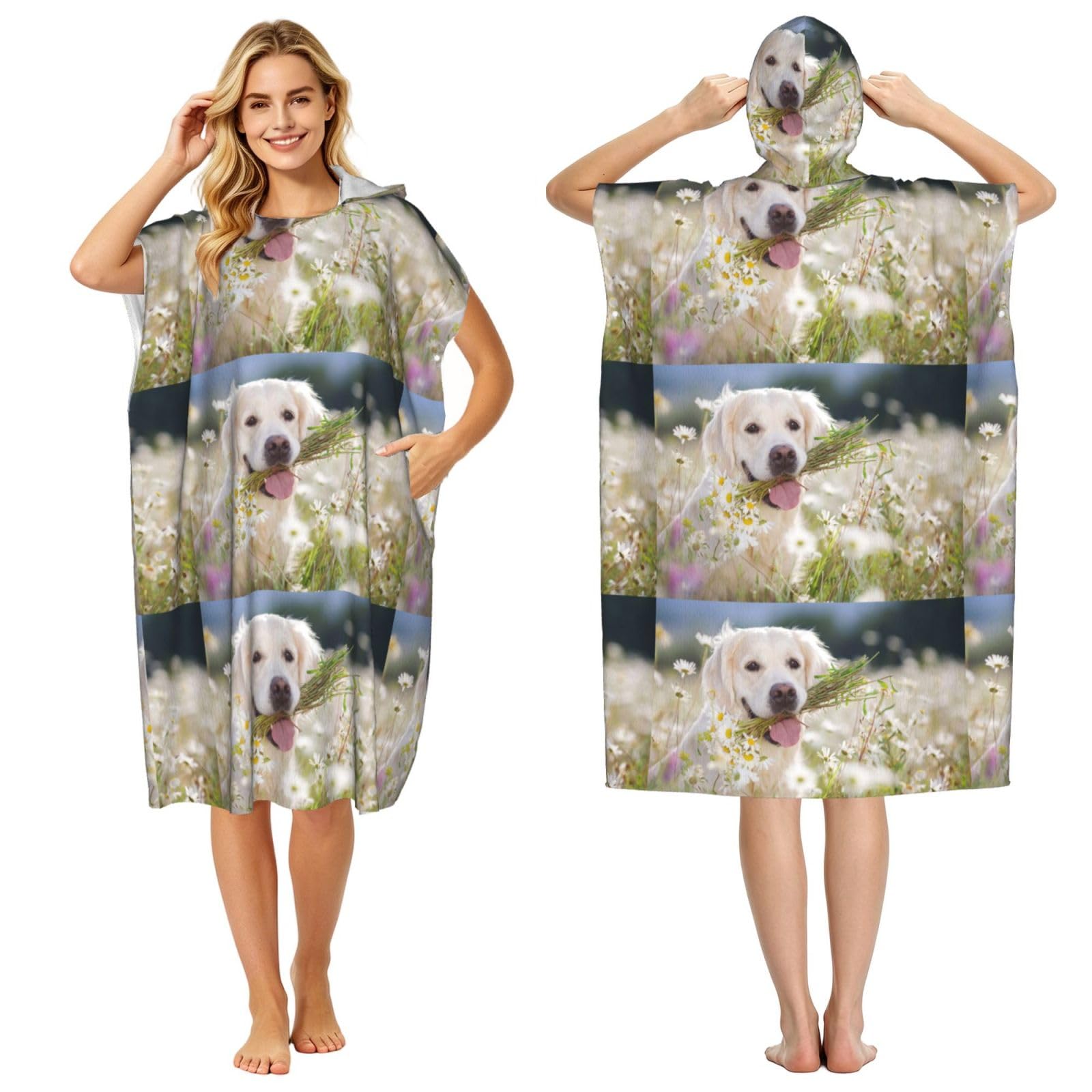 Poadnly Golden Retriever, Adult Hooded Beach Towel 90 x 110 cm,Changing Bath Robe, Surf Poncho Towel For Women Men
