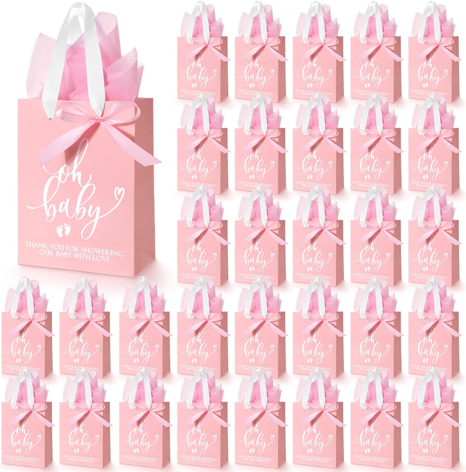 PerKoop 50 Pack Baby Shower Gifts Bag with Tissue Papers Baby Shower Bag with Handle Paper Gift Bag and 50 Sheets Decorative Tissue Paper for Guests Gifts Gender Reveal Baby Shower Favors (Pink)