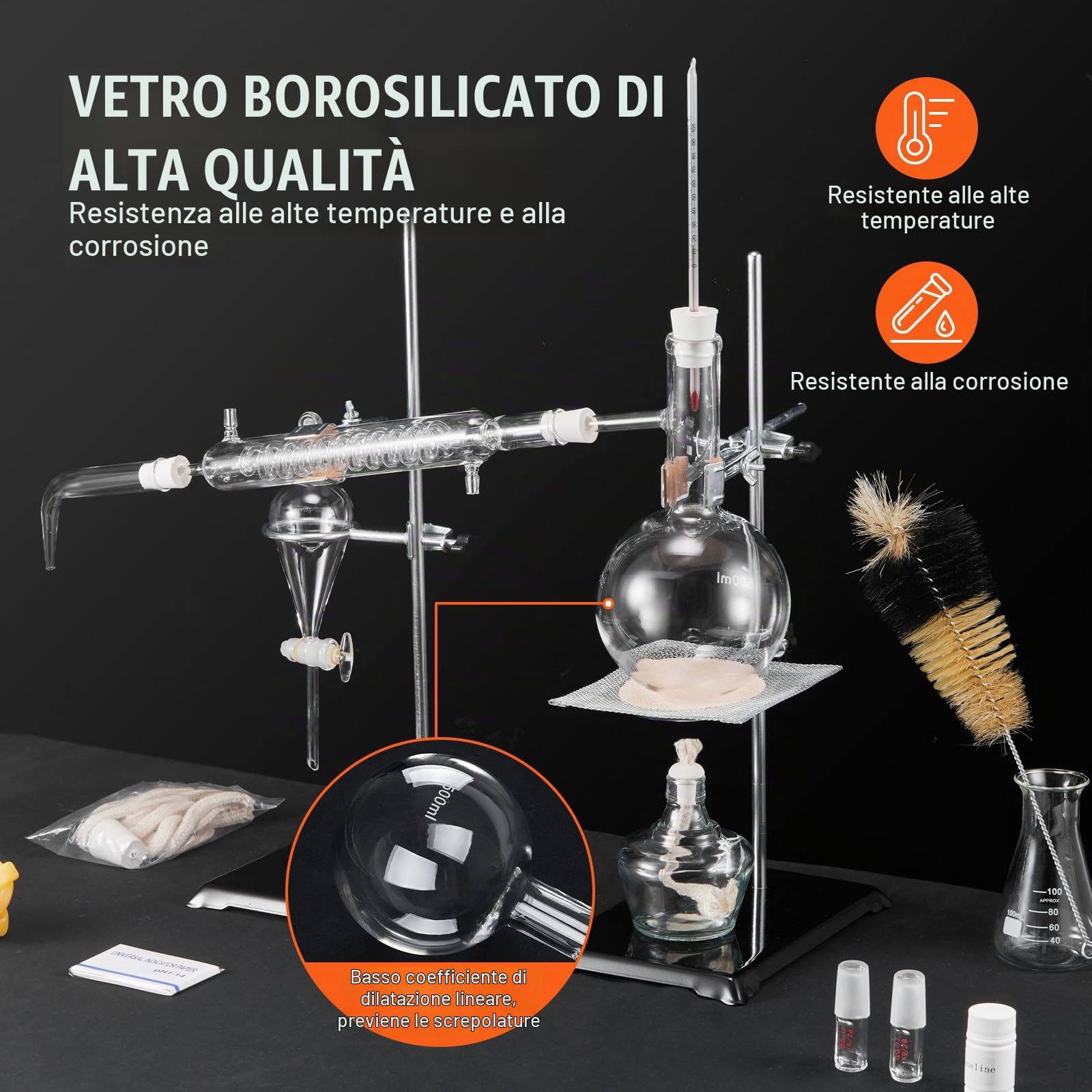 VEVOR Kit di distillazione di oli essenziali, 500 ml, kit di distillazione di vetreria da laboratorio 3.3 Boro con lampada ad alcool, rete in ceramica e 24, 40 giunti, set da 28 pezzi