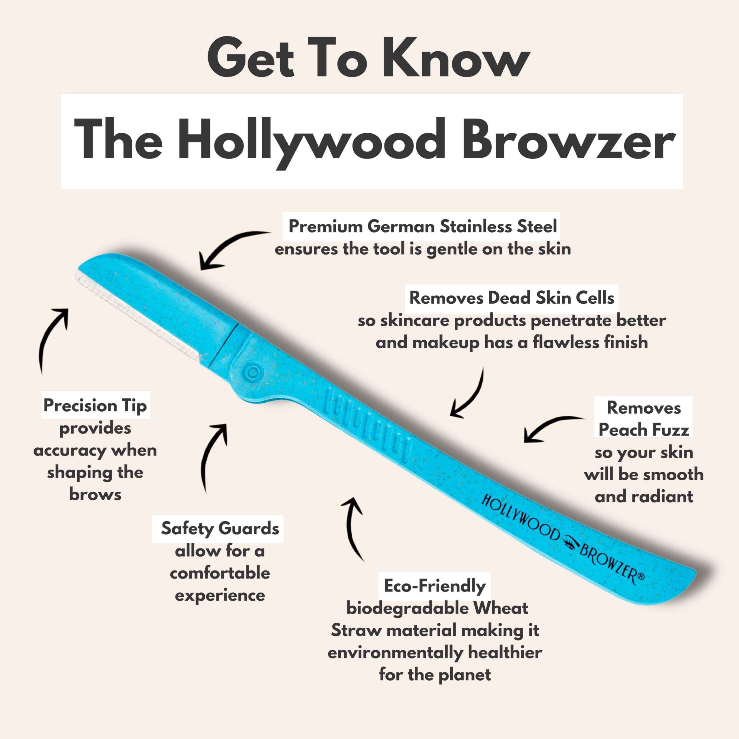 Hollywood Browzer Dermaplaning Razor Tool for Face, Eyebrow Shaping, Removing Unwanted Hair and Peach Fuzz - Image 2