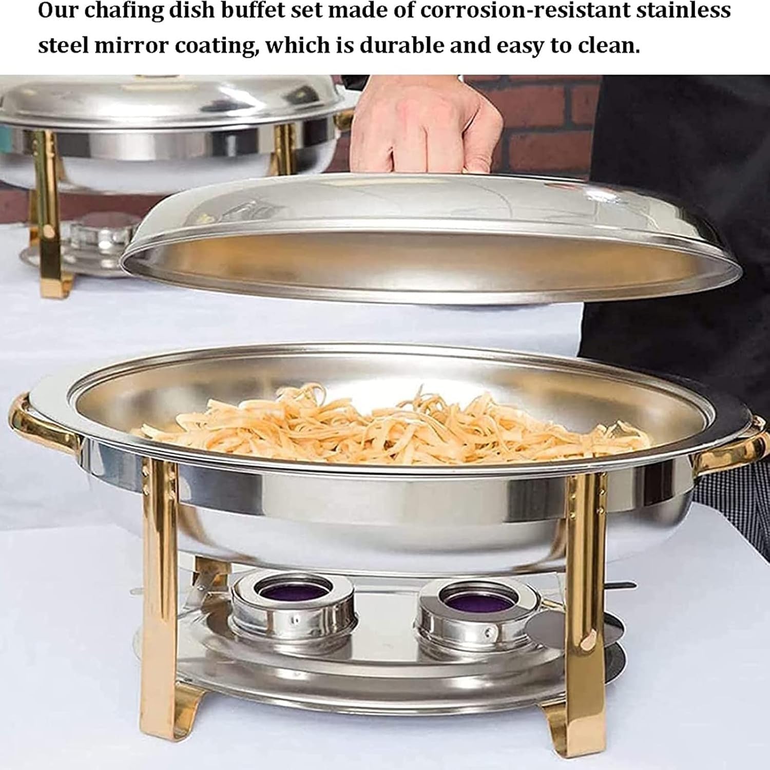 Juego de platos para bufé, calentador de alimentos con tapa y recipiente de combustible para catering, eventos, fiestas y bufés de desayuno, servidor de alimentos de acero inoxidable