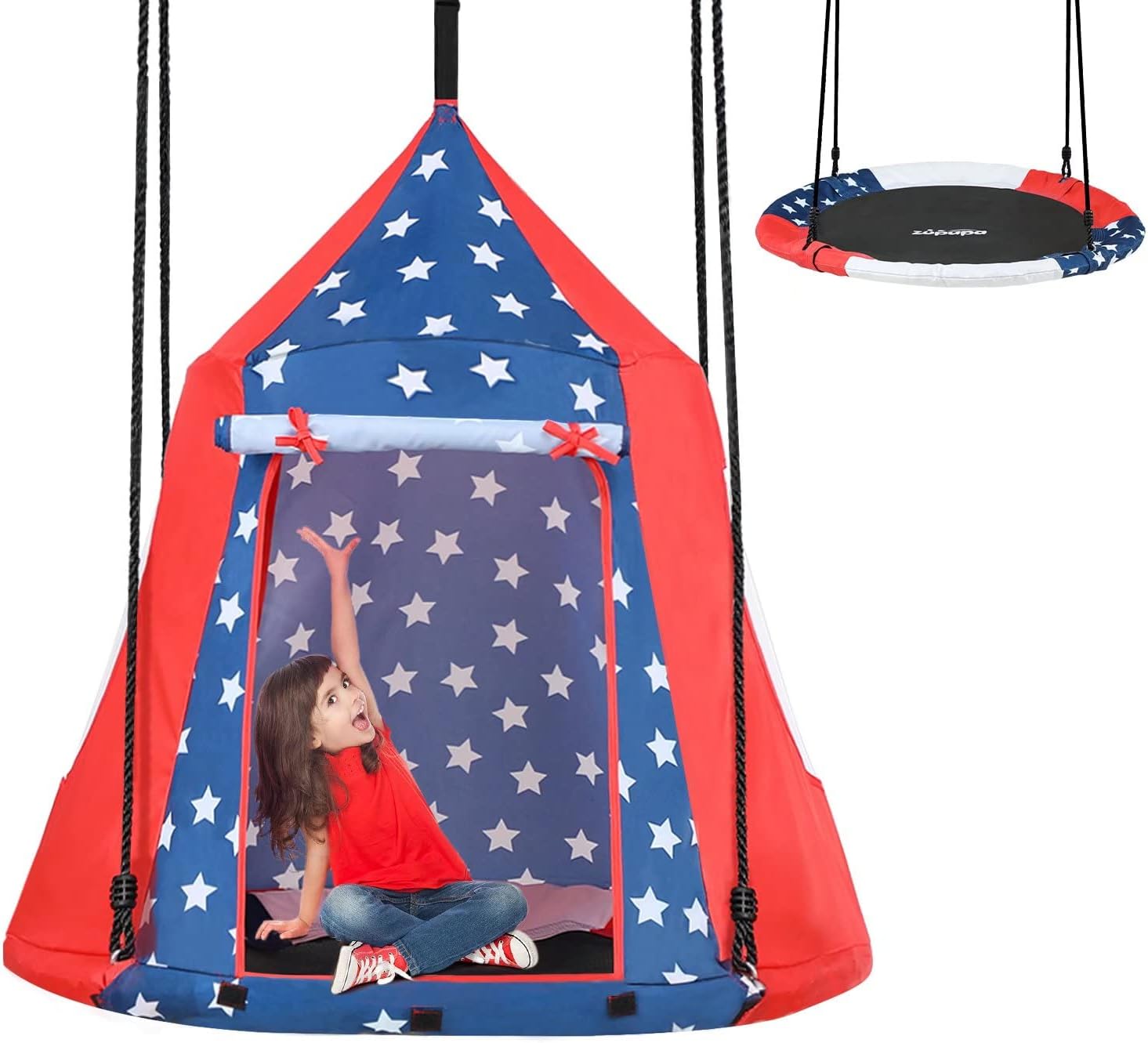 Zupapa Hanging Tree Swing, 2 in 1 Detachable Saucer Tree Swing Play House Tent for Kids, Max Capacity 400 LBS for Indoor Outdoor Use, Tree Straps Included(Flag Element)