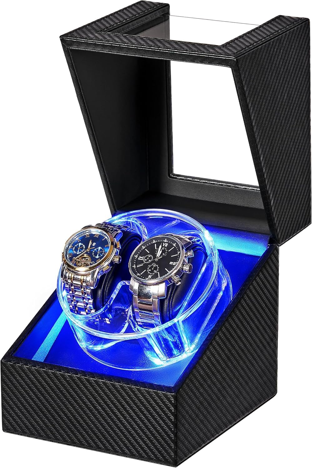 ANWBROAD Uhrenbeweger 2 Uhren, Watch Winder, Automatik Uhrendreher mit LED | Automatik Uhrenbeweger mit 4 Rotationsmodi, Leisem Mabuchi Motor, Typ-C-Adapter, Karbonfaser für Herren und Damen JWW007C
