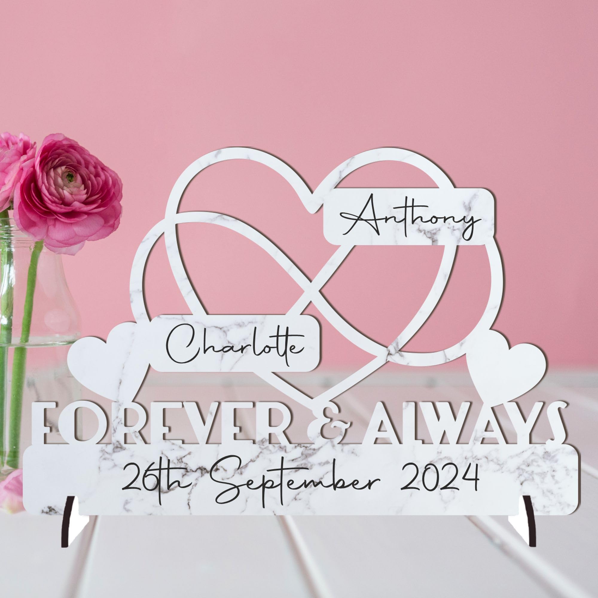Personalised Forever & Always Infinity Heart Sign Wedding Anniversary Sign - Customised with Couple's Names and Marriage Date - Gift for Him, Her, and Couples - 20cm x 13cm (White Marble Effect)