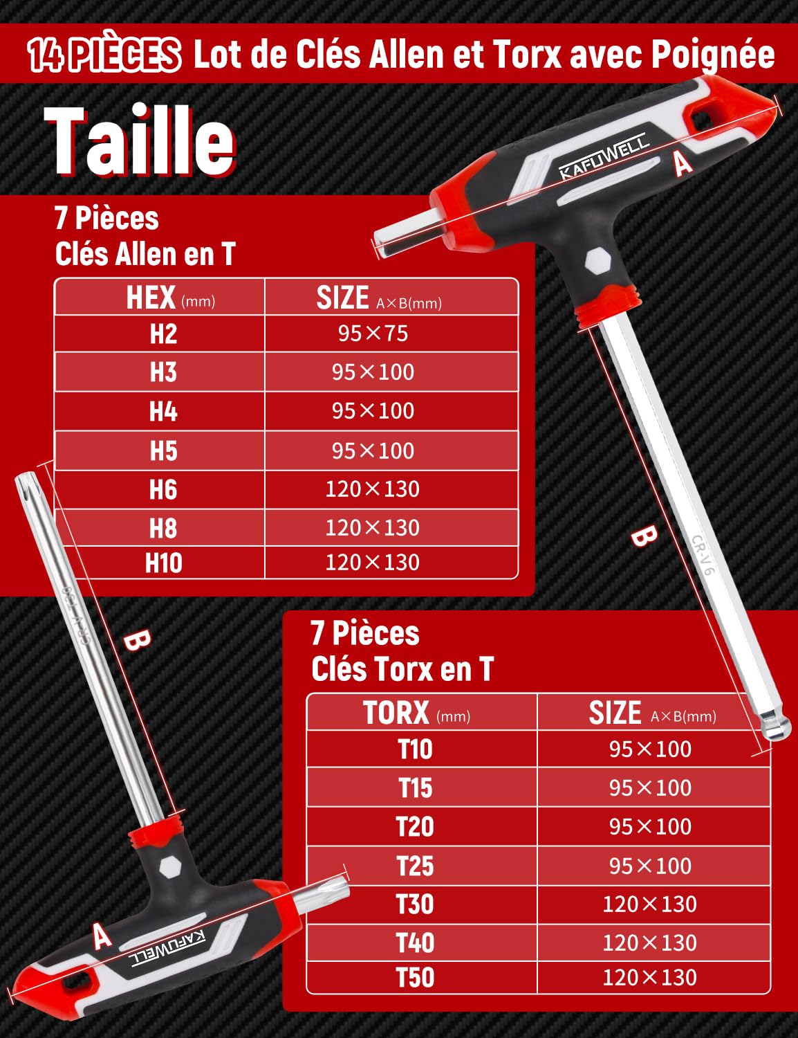 14 pièces Lot de clés Allen et Torx avec poignée en T, Hexagonales métriques H2-H10, Clés Torx TX10-TX50, pour bricolage, réparations domestiques, voiture, vélo, avec support de rangement