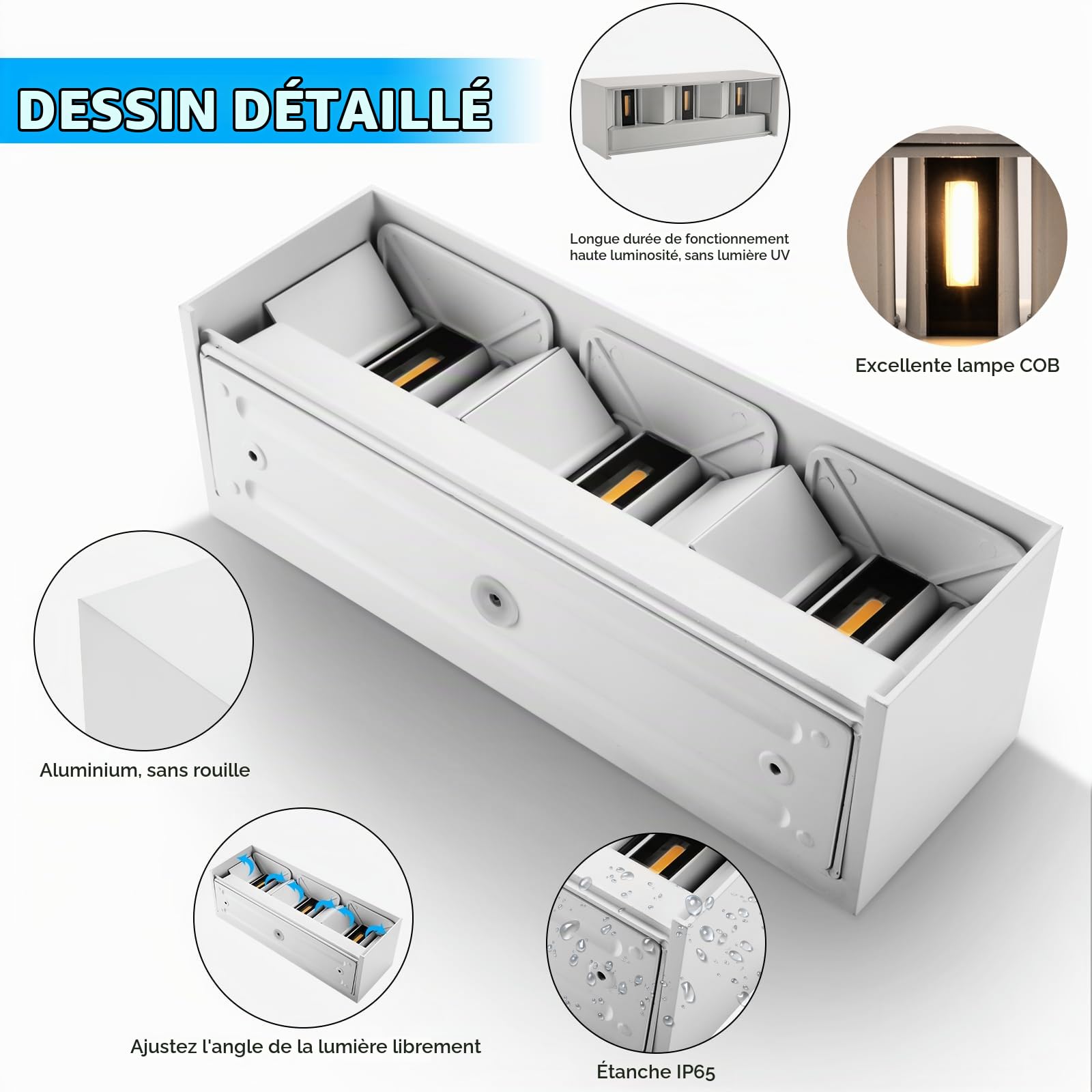 ledmo 30W Applique Murale Exterieur/Intérieure 3000K Applique Exterieur LED Blanc Éclairage Extérieur Réglable de Façade en Aluminium, Ip65 étanche